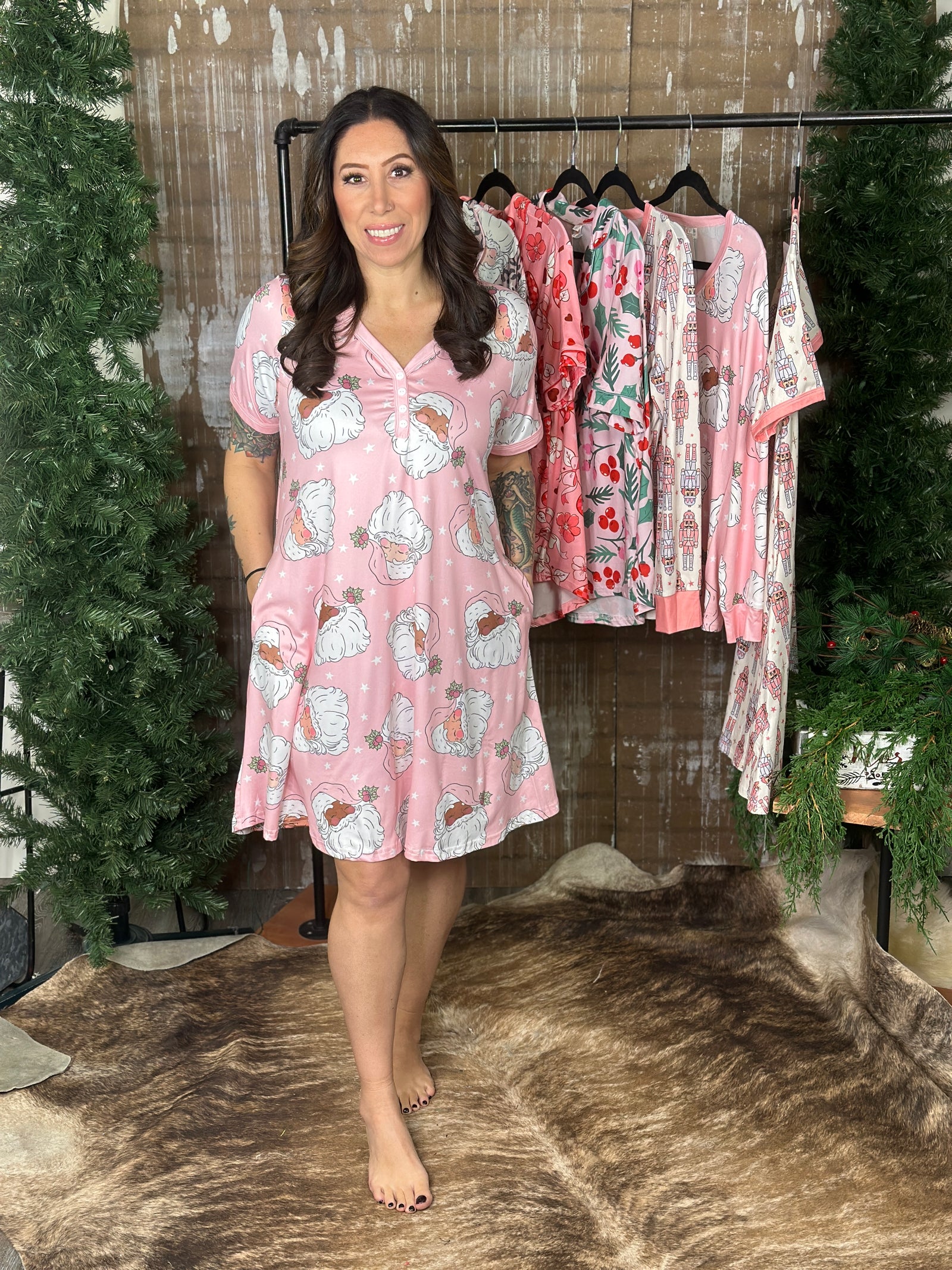 Buttery Shirley Lounge Nightgown - Pink Santa (Small - 3X)