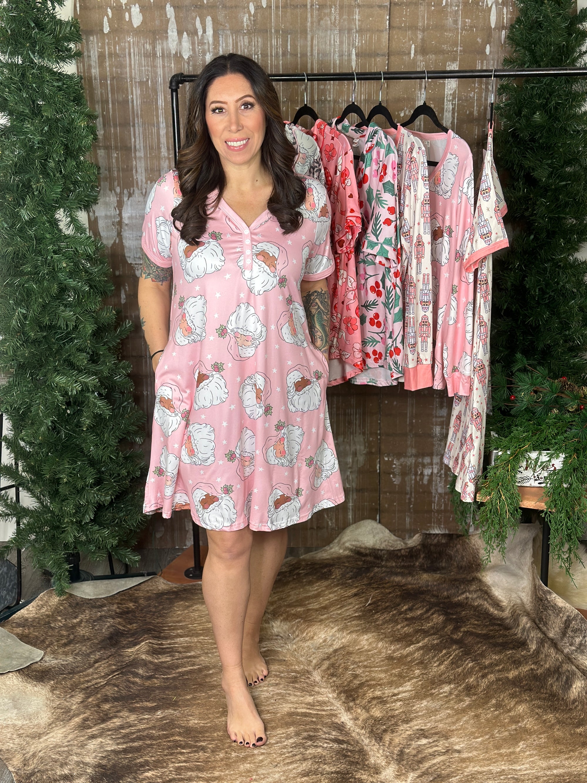 Buttery Shirley Lounge Nightgown - Pink Santa (Small - 3X)
