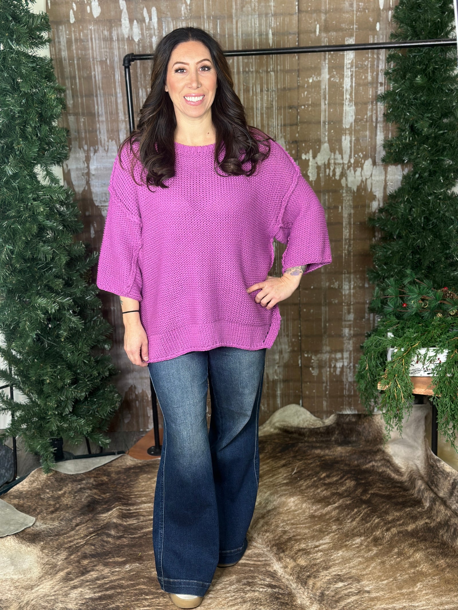 Short Sleeve Large Knit Sweater - Orchid
