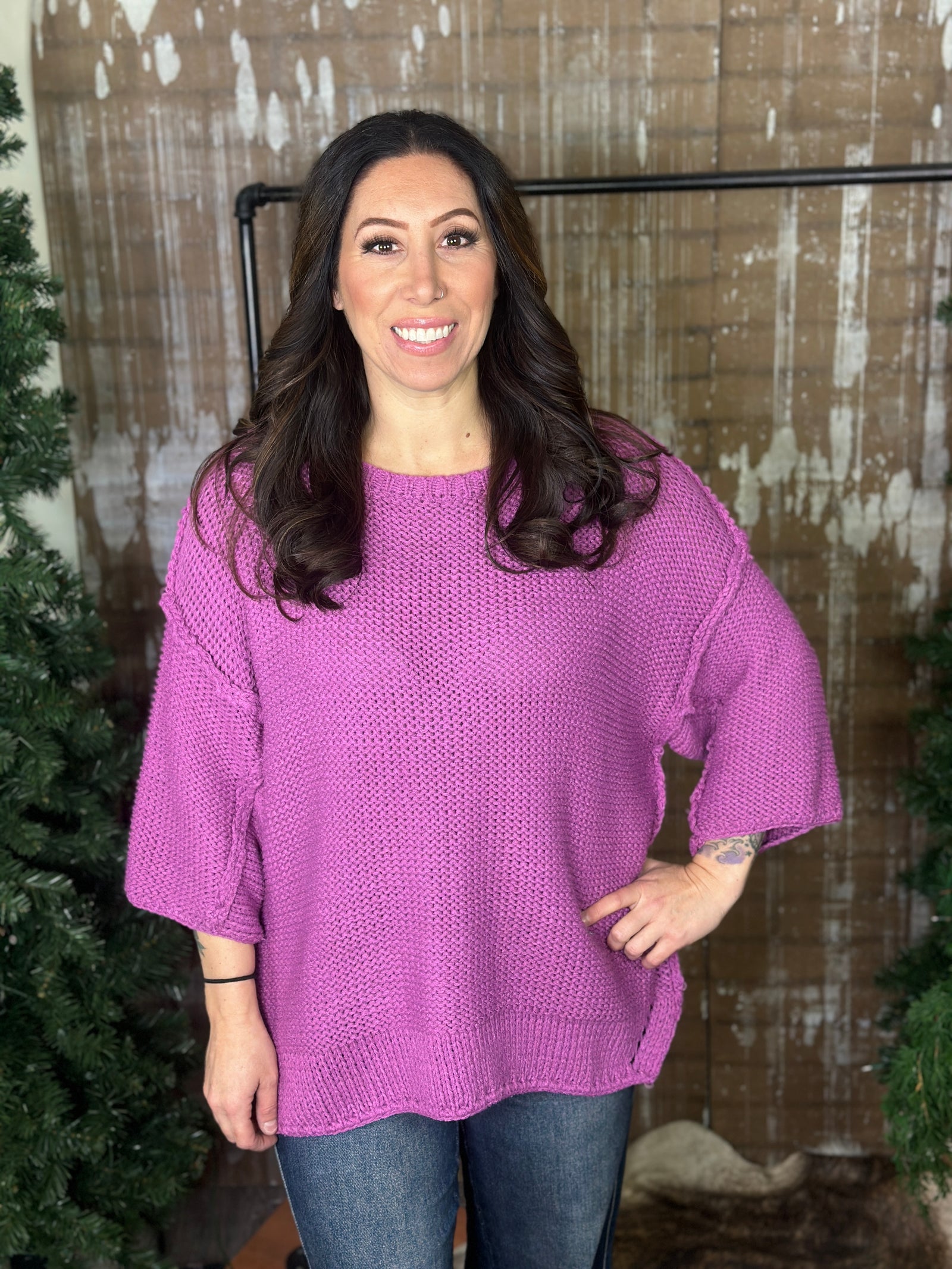 Short Sleeve Large Knit Sweater - Orchid