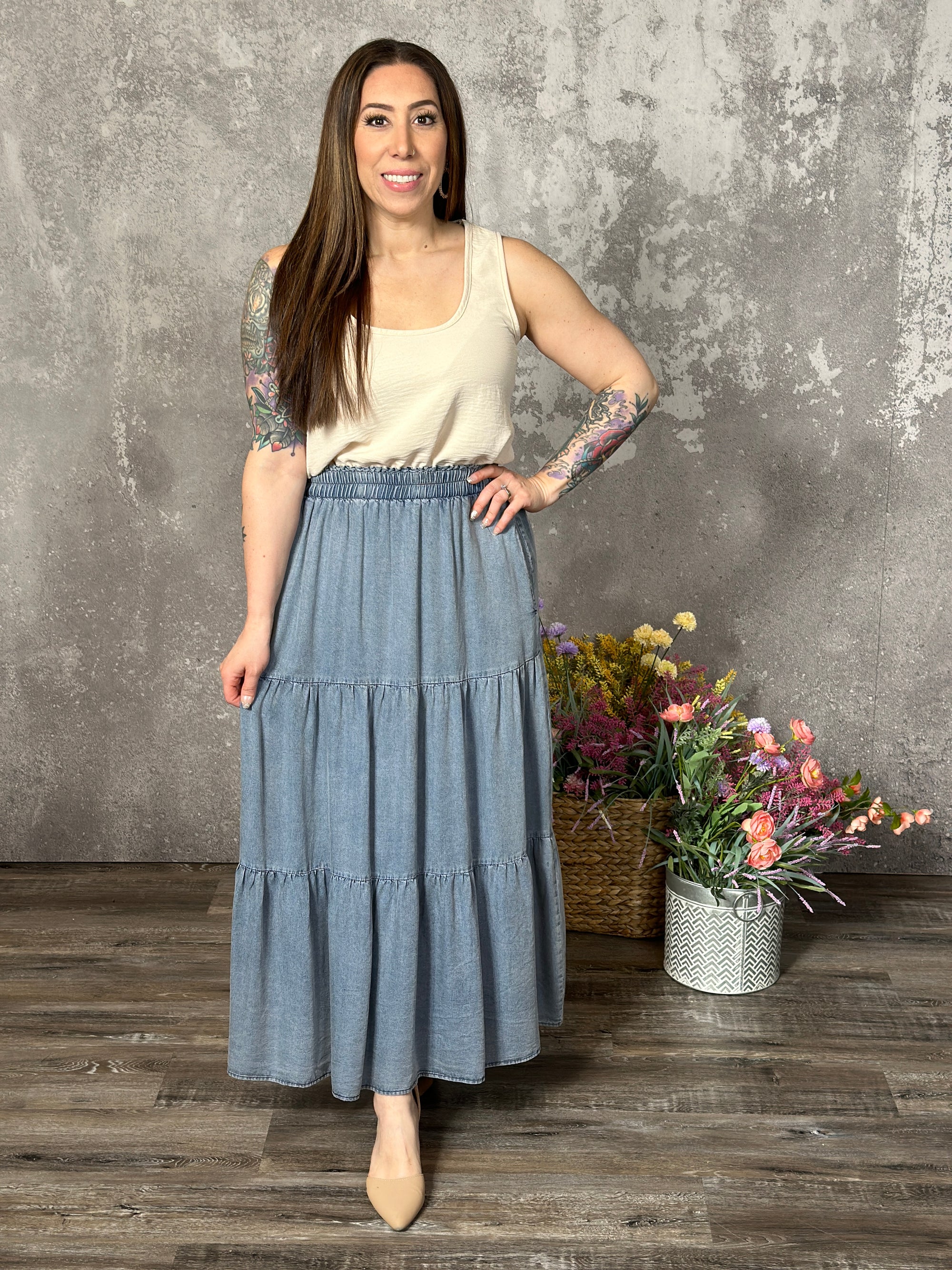 Tencel Denim Tiered Maxi Skirt