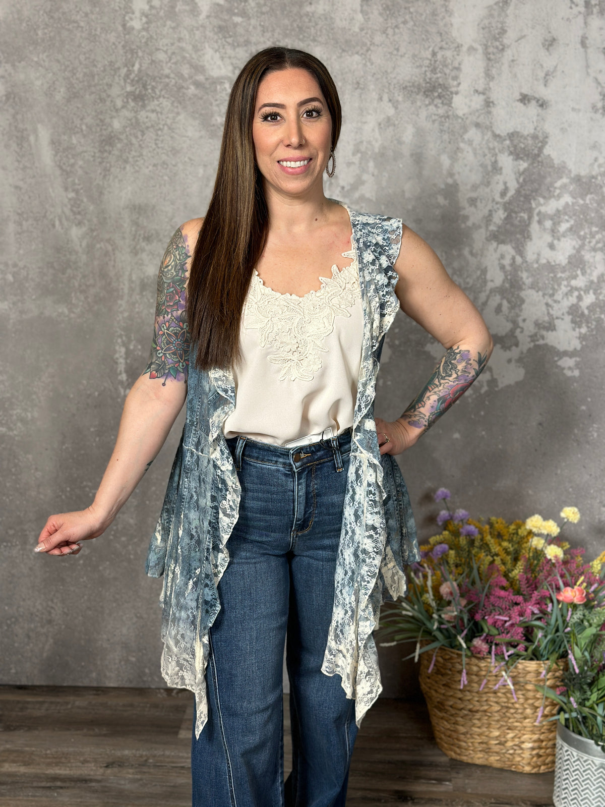 Denim Blue and Cream Lace Vest (Small - 2X) - FINAL SALE