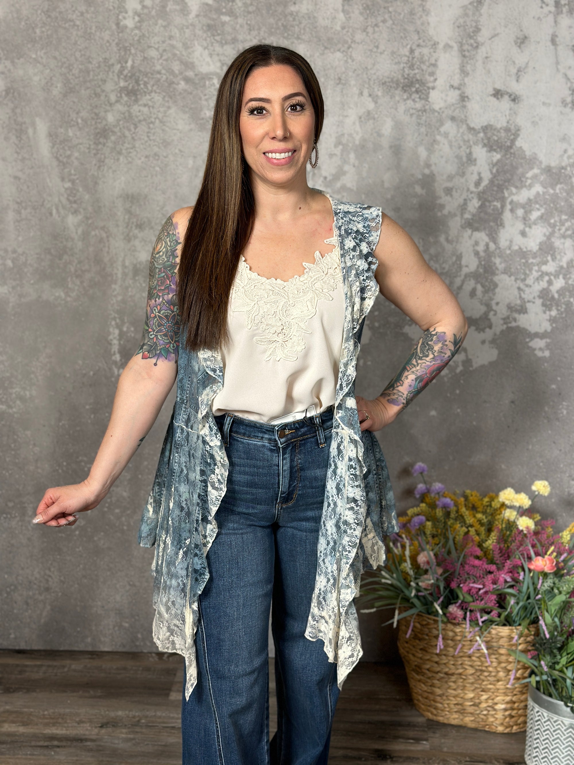 Denim Blue and Cream Lace Vest (Small - 2X)