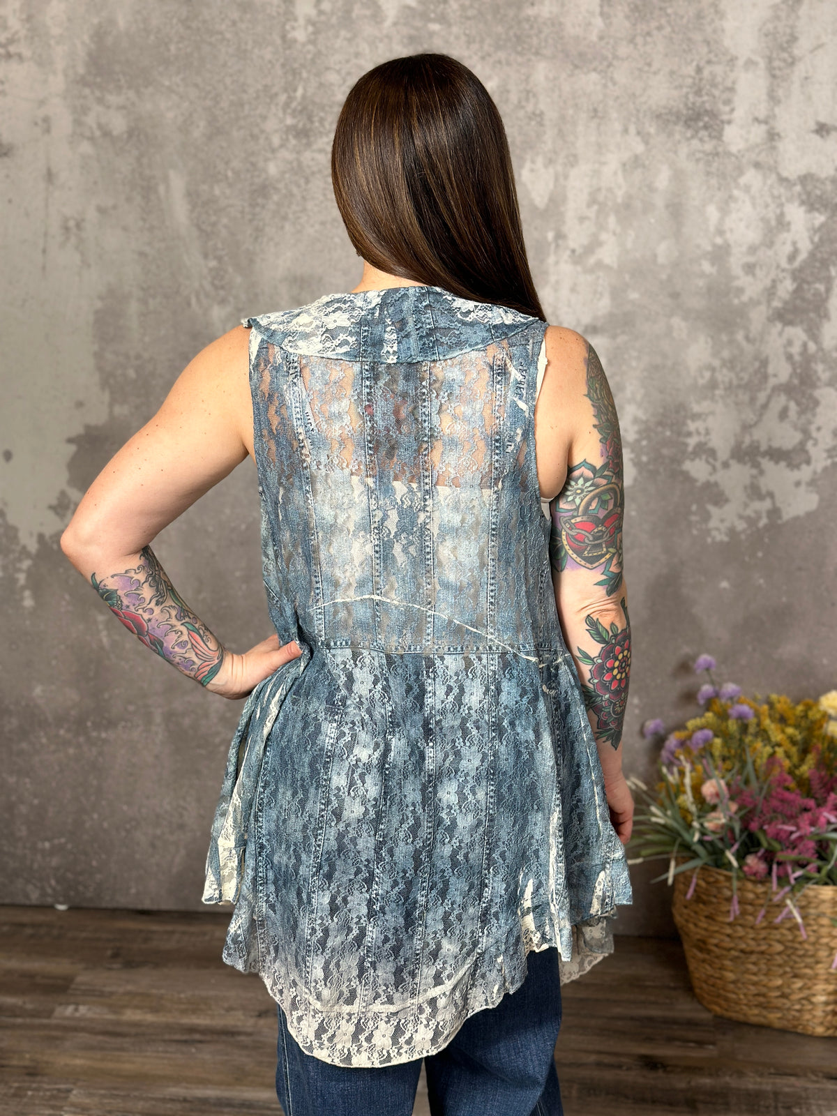 Denim Blue and Cream Lace Vest (Small - 2X) - FINAL SALE