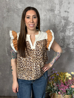 Leopard and Camel Ruffle Sleeve Top