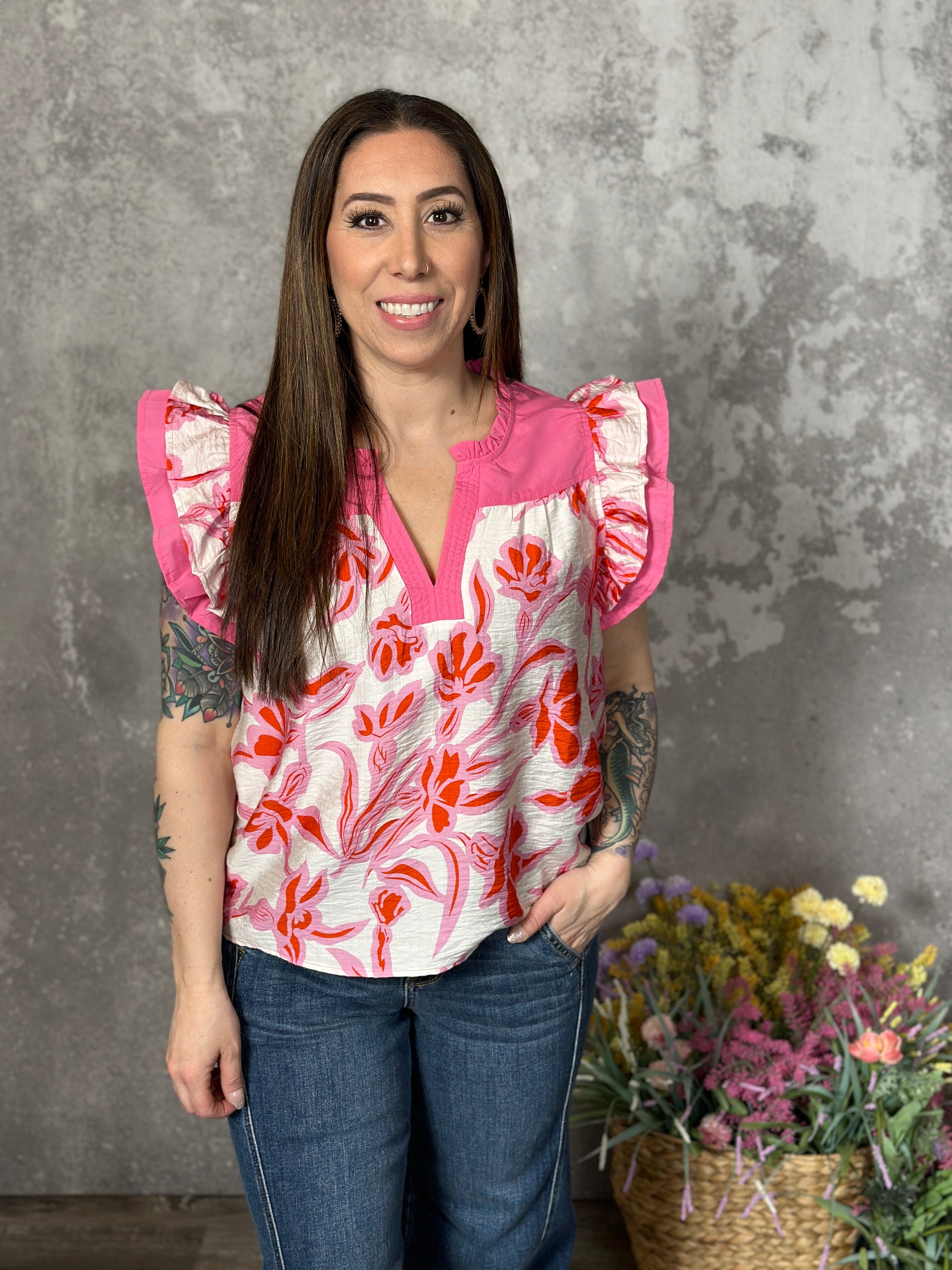 Pink and Ivory Ruffle Sleeve Top