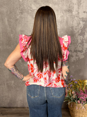 Pink and Ivory Ruffle Sleeve Top