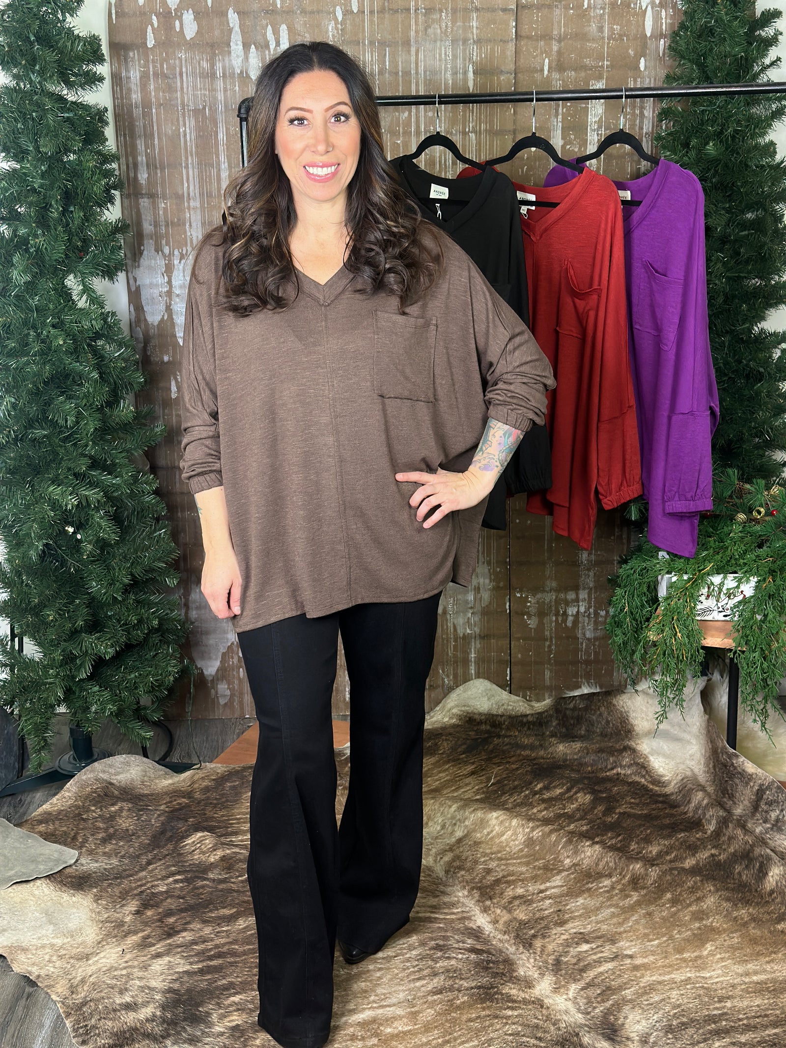 DOORCRASHER - Pocket Vneck Top - Chocolate - FINAL SALE