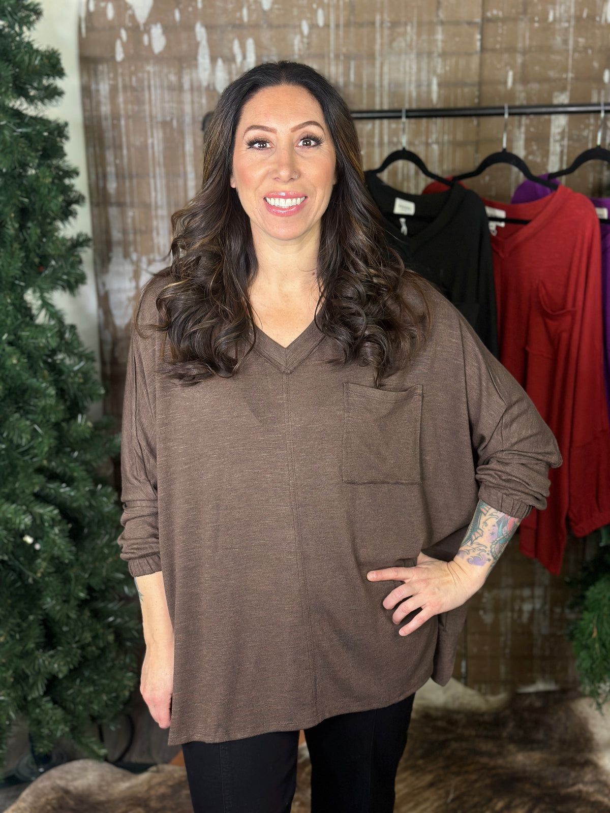 DOORCRASHER - Pocket Vneck Top - Chocolate - FINAL SALE