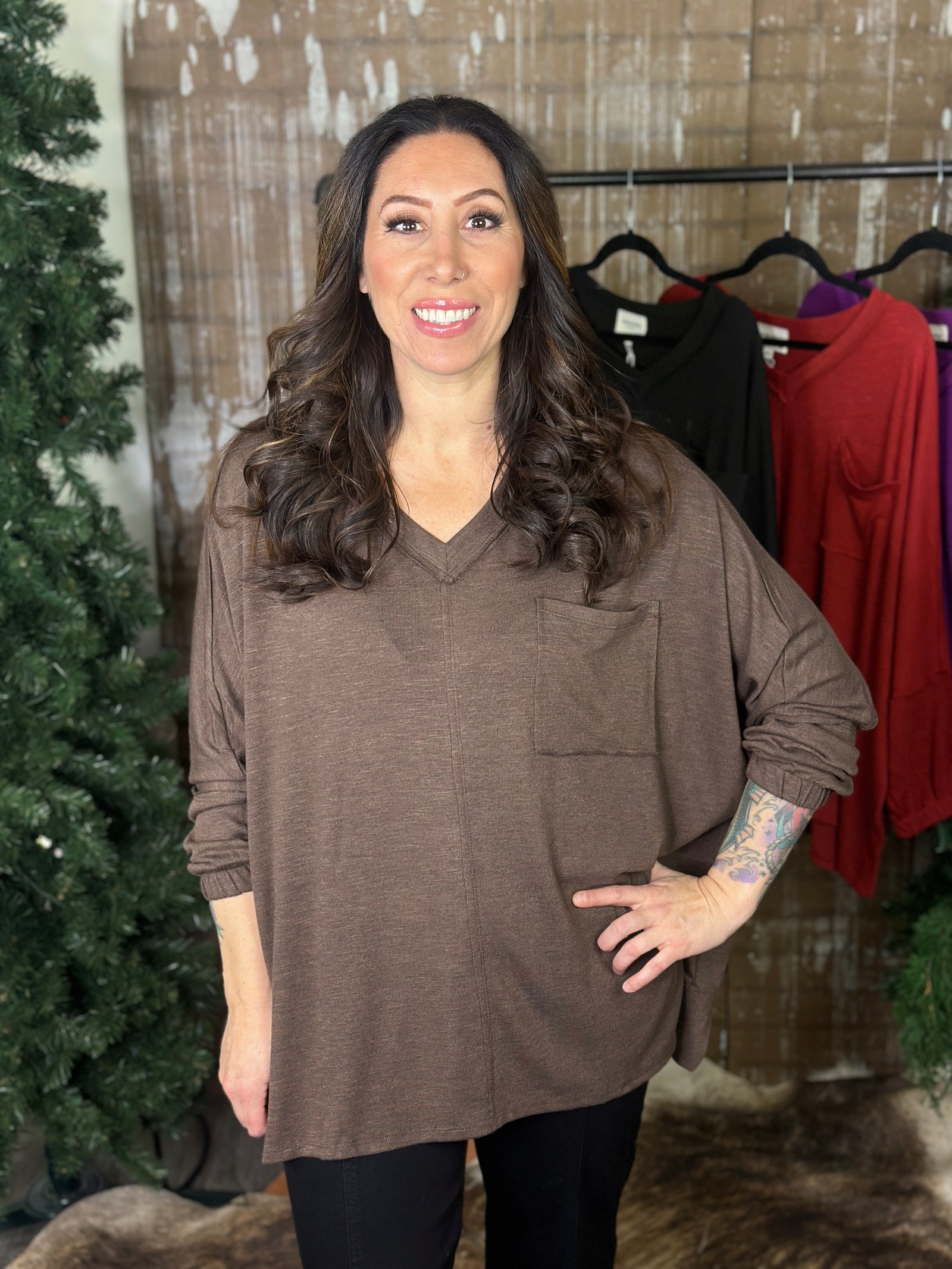 DOORCRASHER - Pocket Vneck Top - Chocolate - FINAL SALE