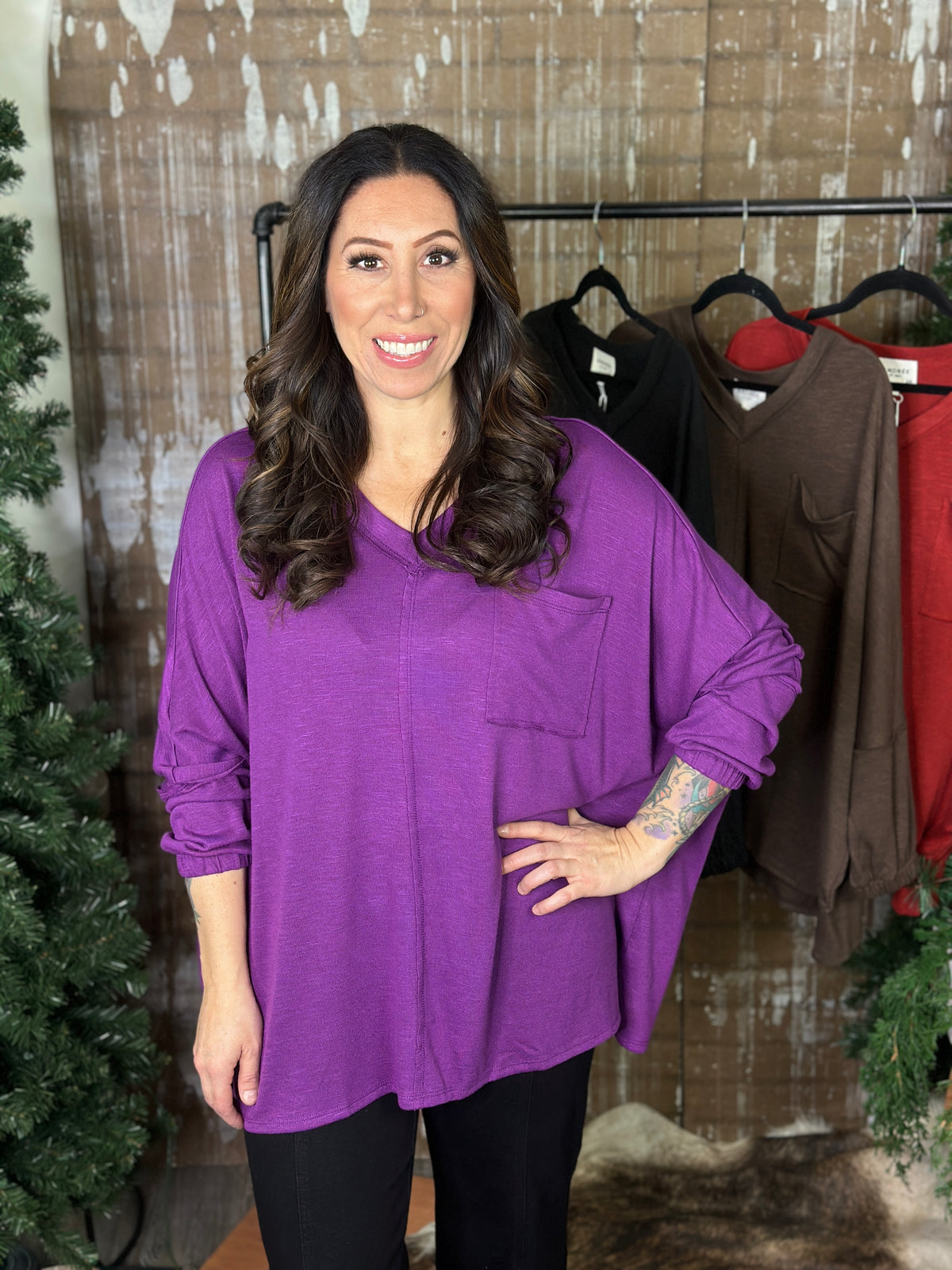 DOORCRASHER - Pocket Vneck Top - Eggplant - FINAL SALE