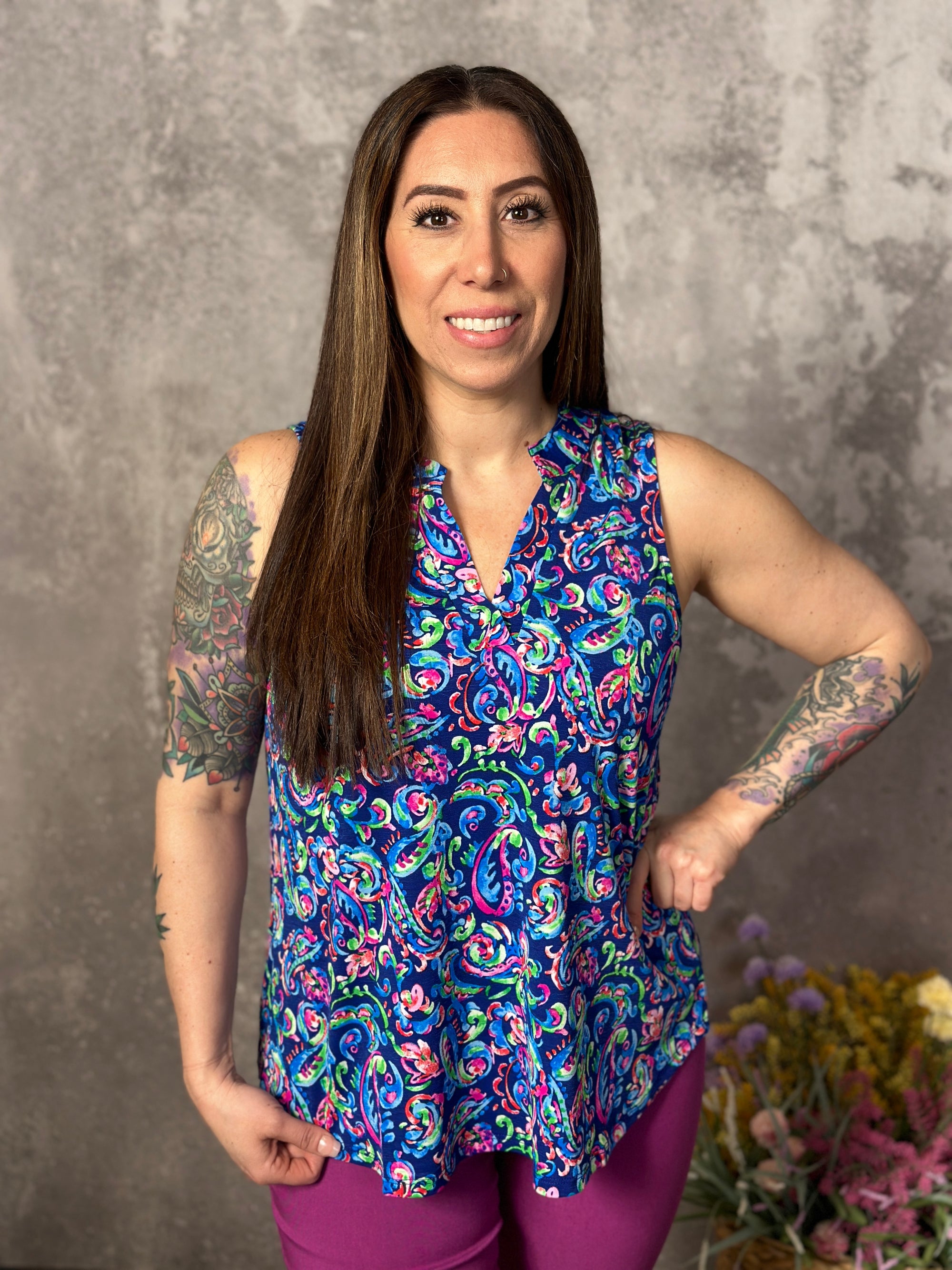 Lizzie Wrinkle Free Print Tank - Blue Paisley (Small - 3X)