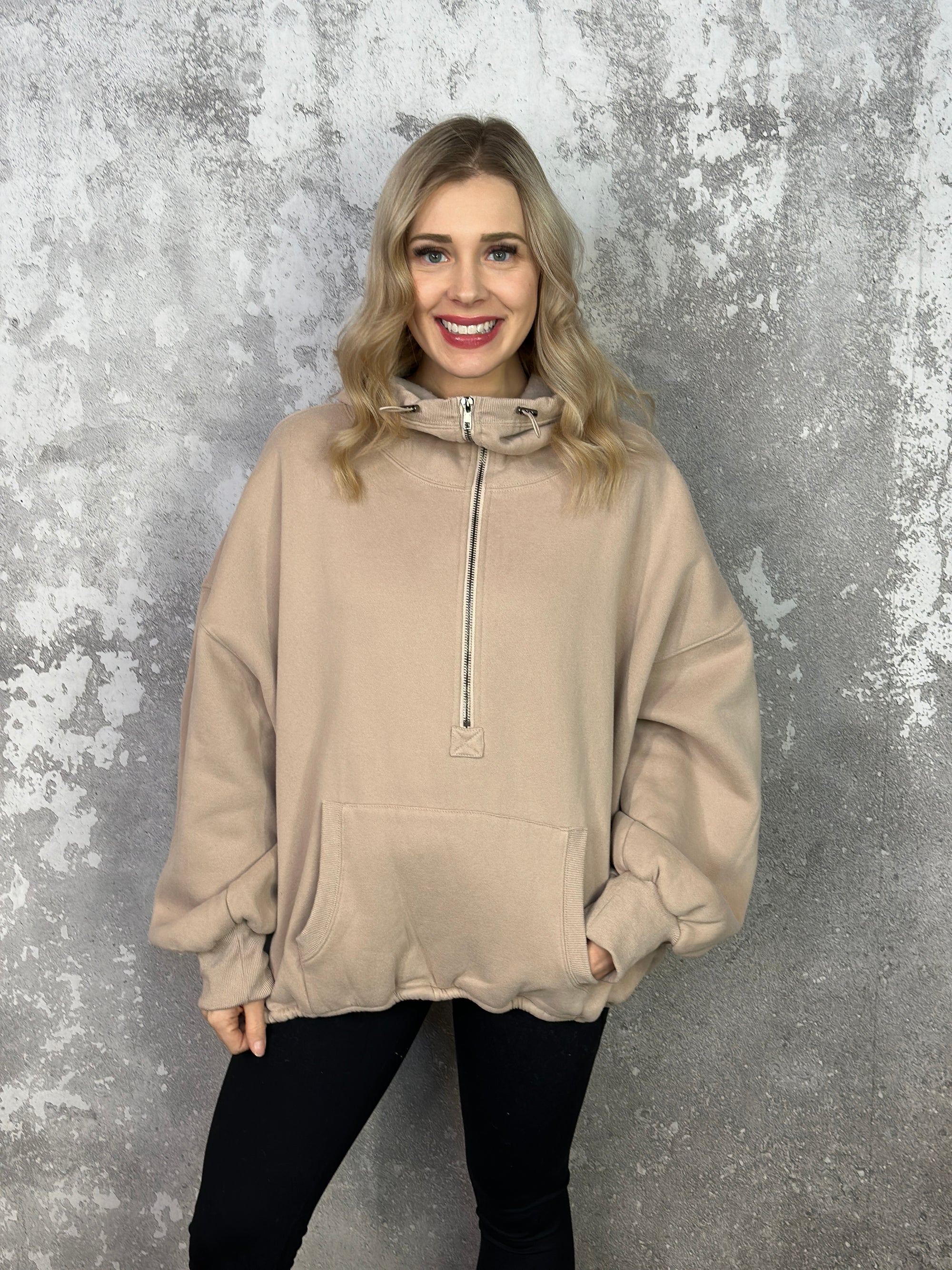 Fleece Lined Bomber Sweatshirt with Hood - Taupe