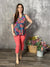 Lizzie Wrinkle Free Print Tank - Blue with Bold Coral Floral (Small - 3X)