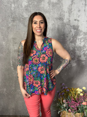 Lizzie Wrinkle Free Print Tank - Blue with Bold Coral Floral (Small - 3X)