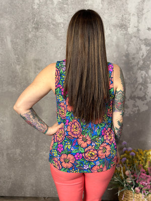 Lizzie Wrinkle Free Print Tank - Blue with Bold Coral Floral (Small - 3X)