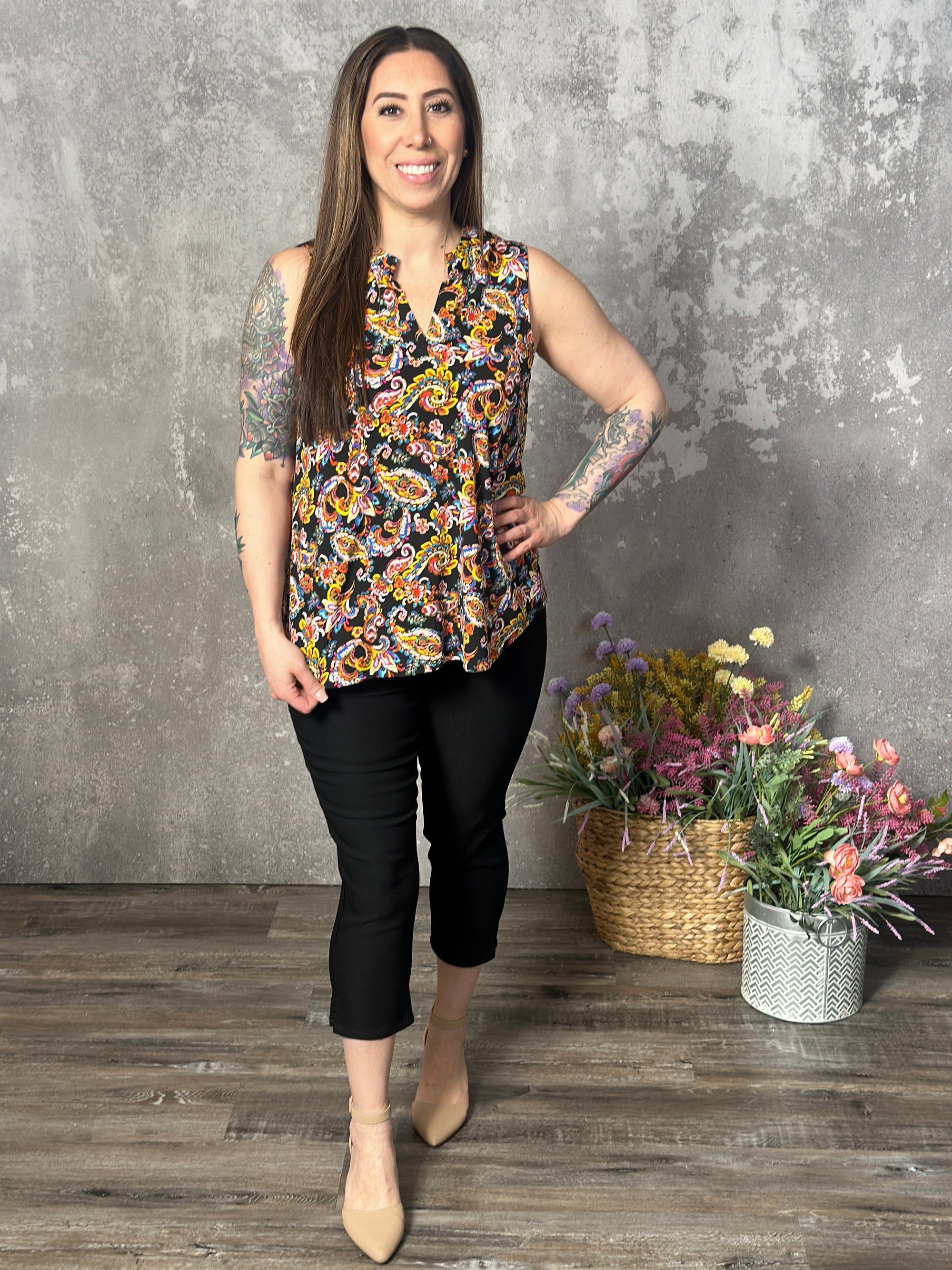 Lizzie Wrinkle Free Print Tank - Black Paisley (Small - 3X)