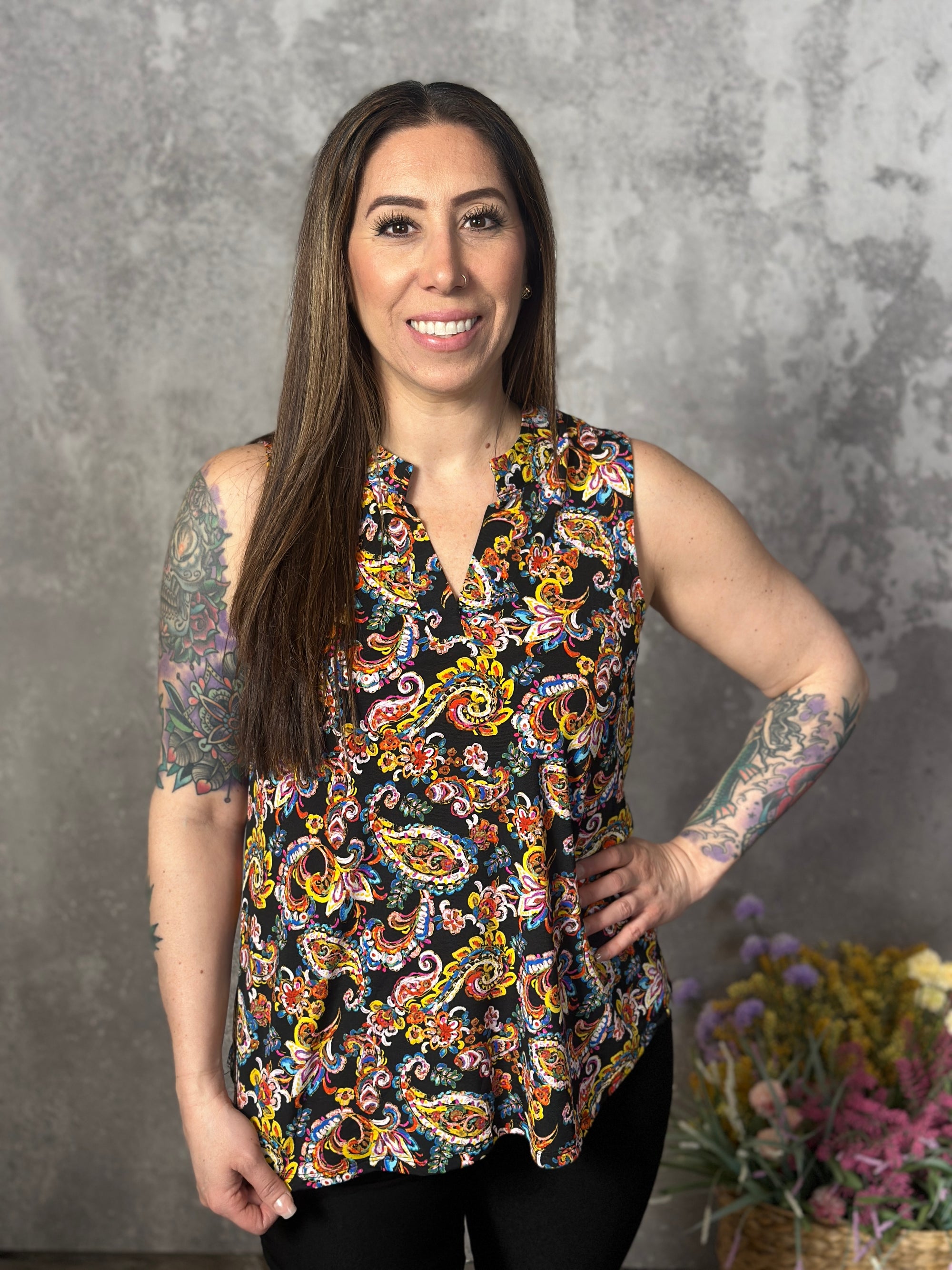 Lizzie Wrinkle Free Print Tank - Black Paisley (Small - 3X)