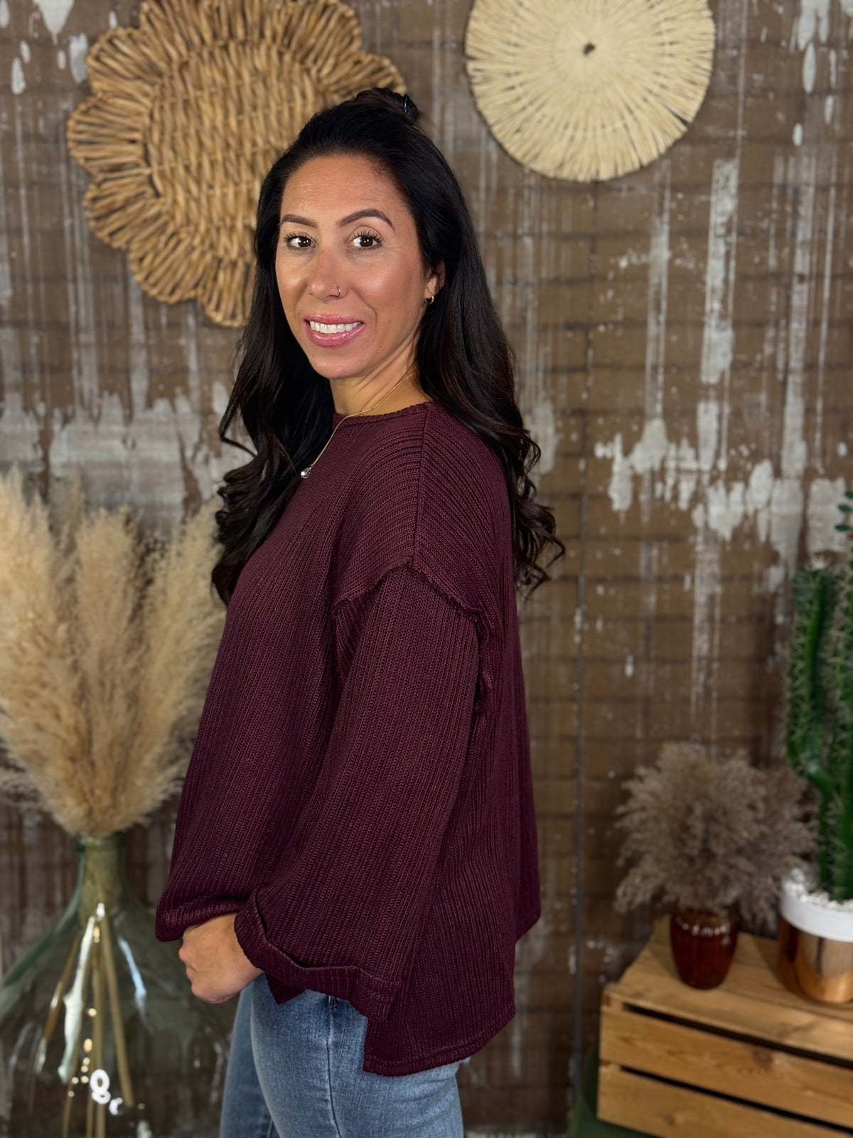 3/4 Sleeve Plum Sweater Top  (Small - 2X)