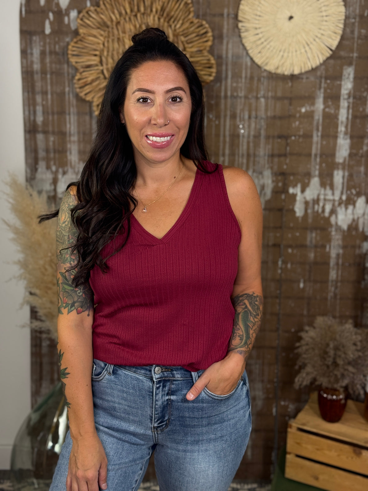 Vneck Pocket Tank - Burgundy (Small - 3X)