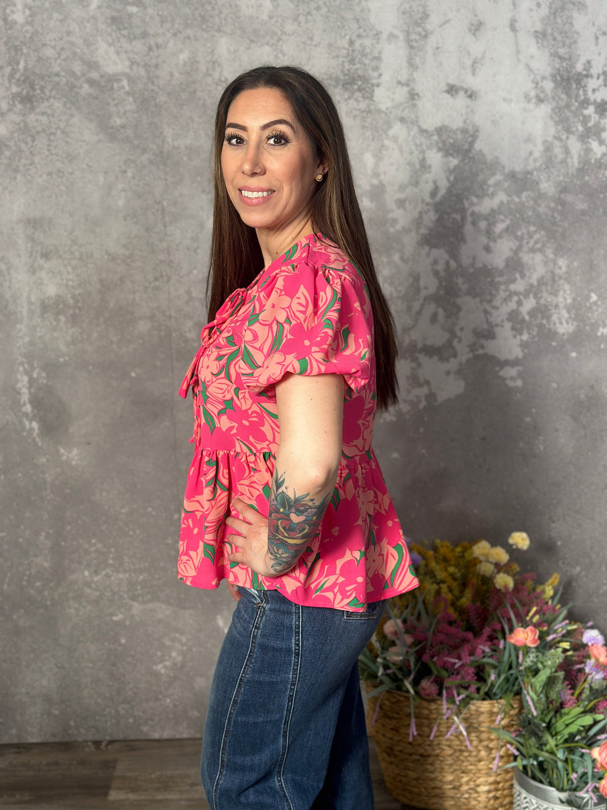 Coral/Pink Floral Babydoll Top with Front Tie (Small - 3X)