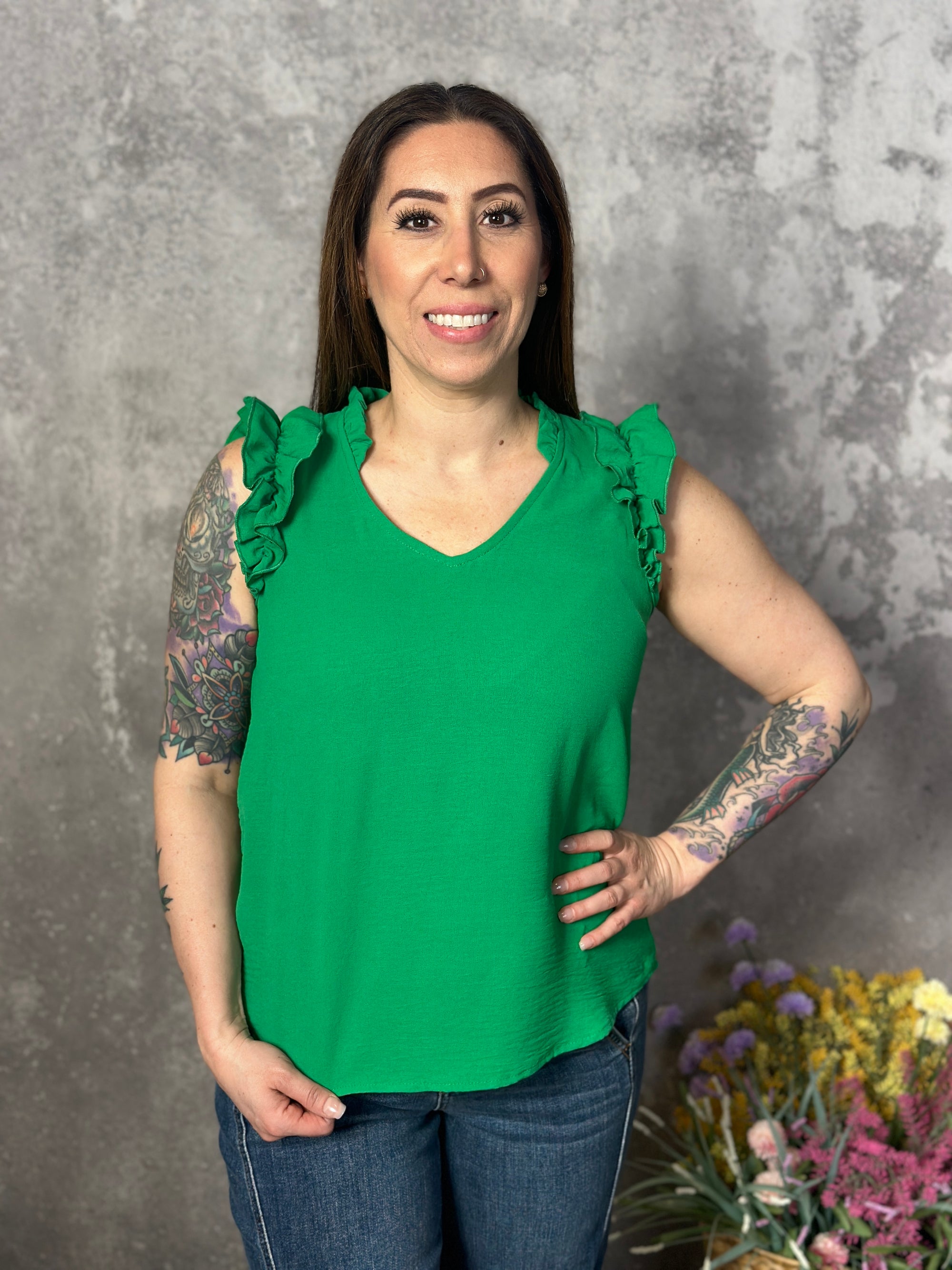 The Kezia Ruffle Tank - Green (Small - 3X)