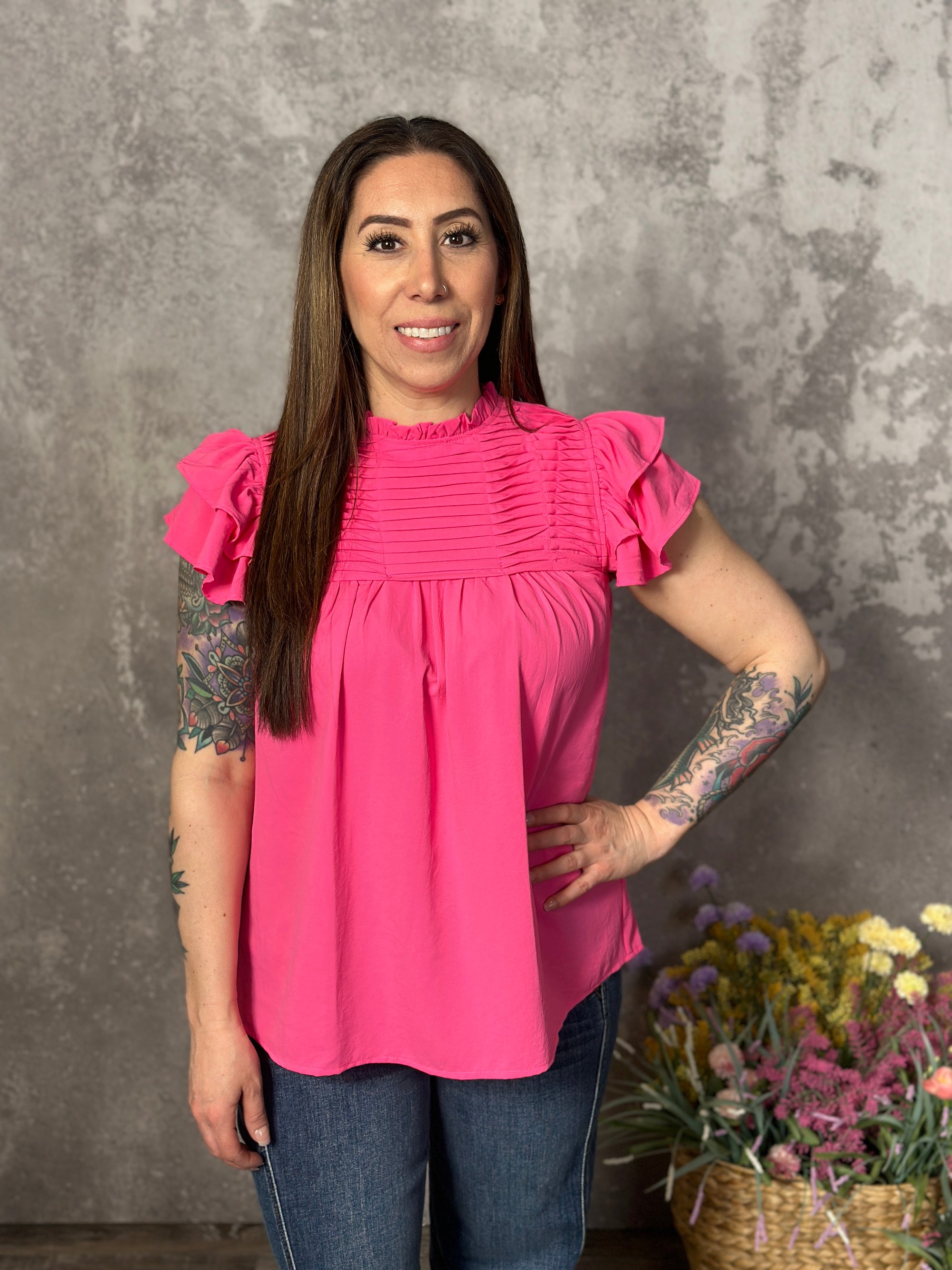 Pink Pleated Ruffle Top  (Small - 2X)