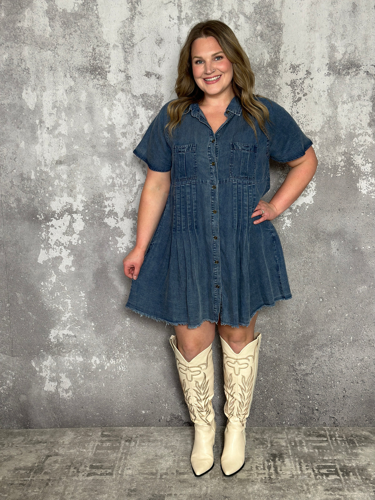 Short Sleeve Chambray Denim Dress with Pleats - FINAL SALE