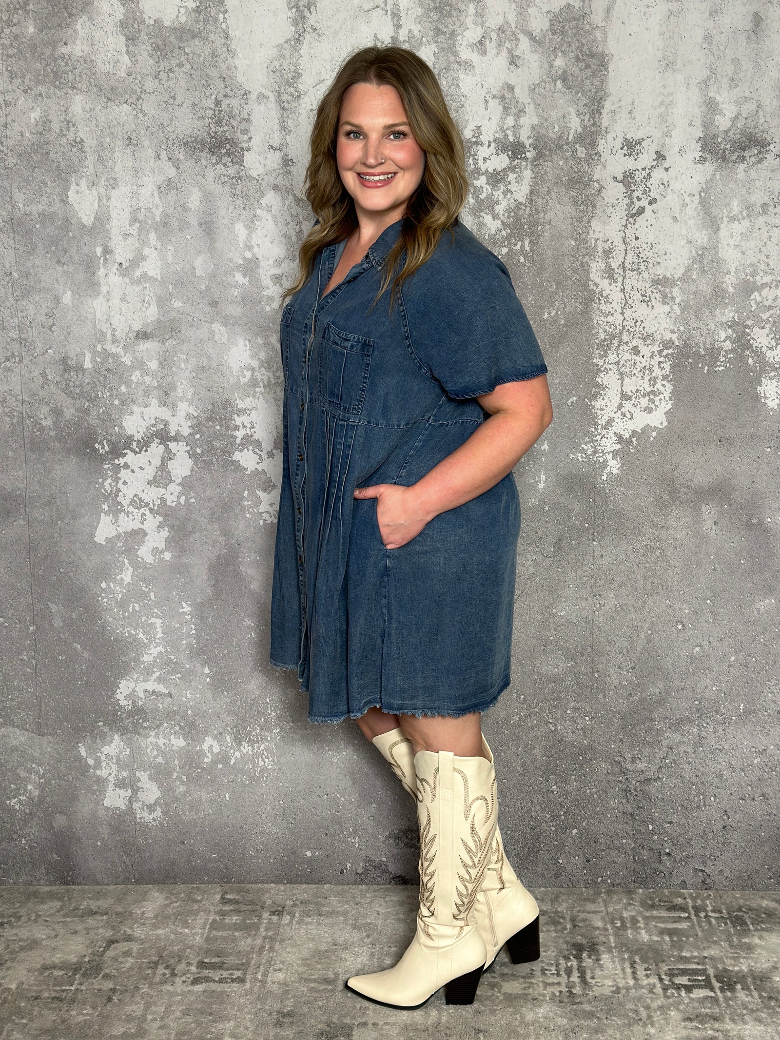 Short Sleeve Chambray Denim Dress with Pleats - FINAL SALE