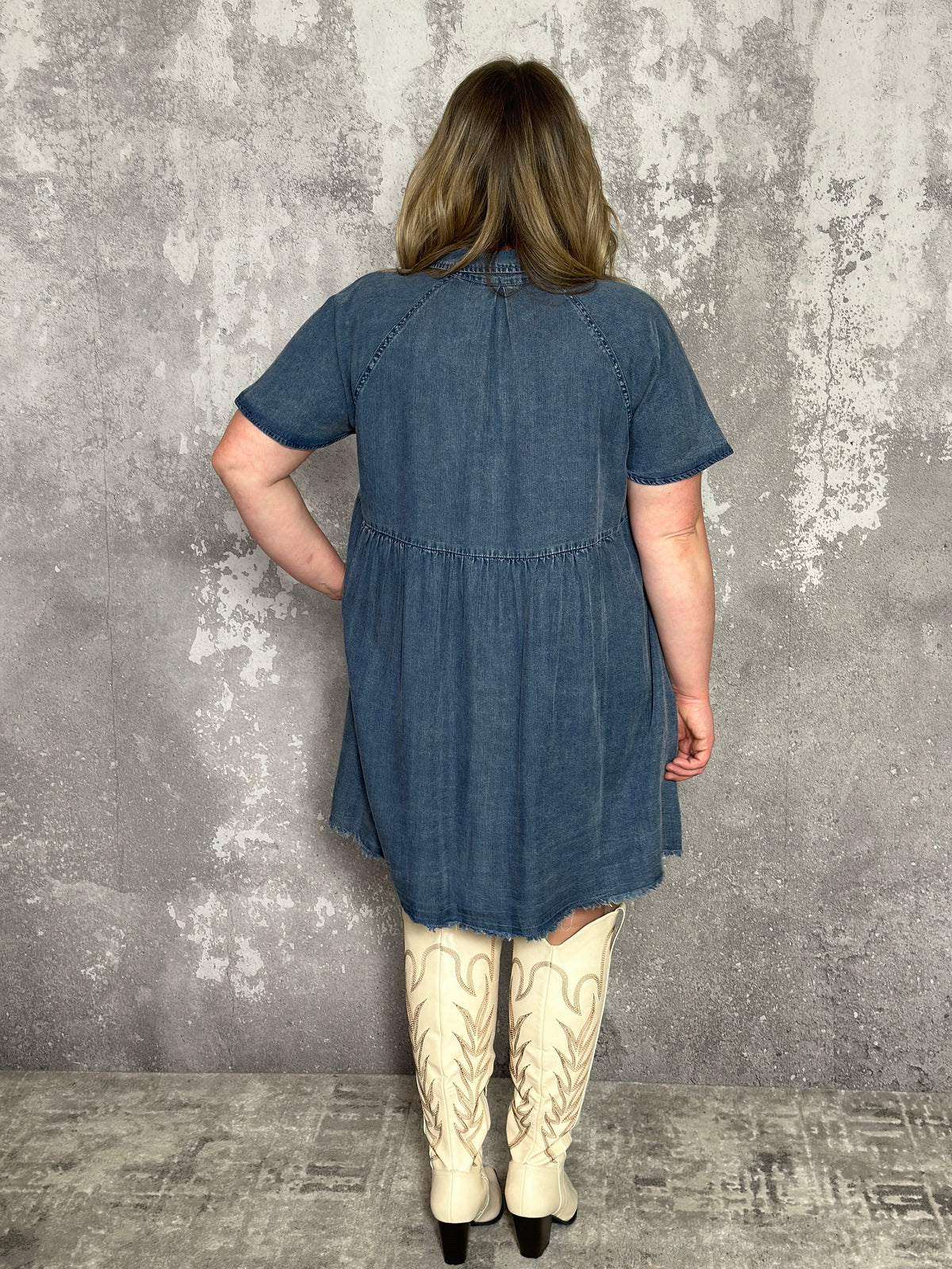 Short Sleeve Chambray Denim Dress with Pleats - FINAL SALE