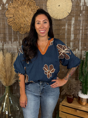Blue/Rust Floral Top (Small - 2X)