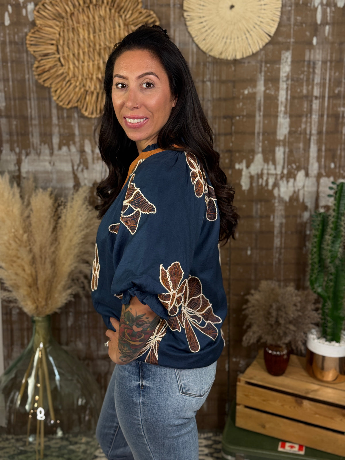 Blue/Rust Floral Top (Small - 2X)