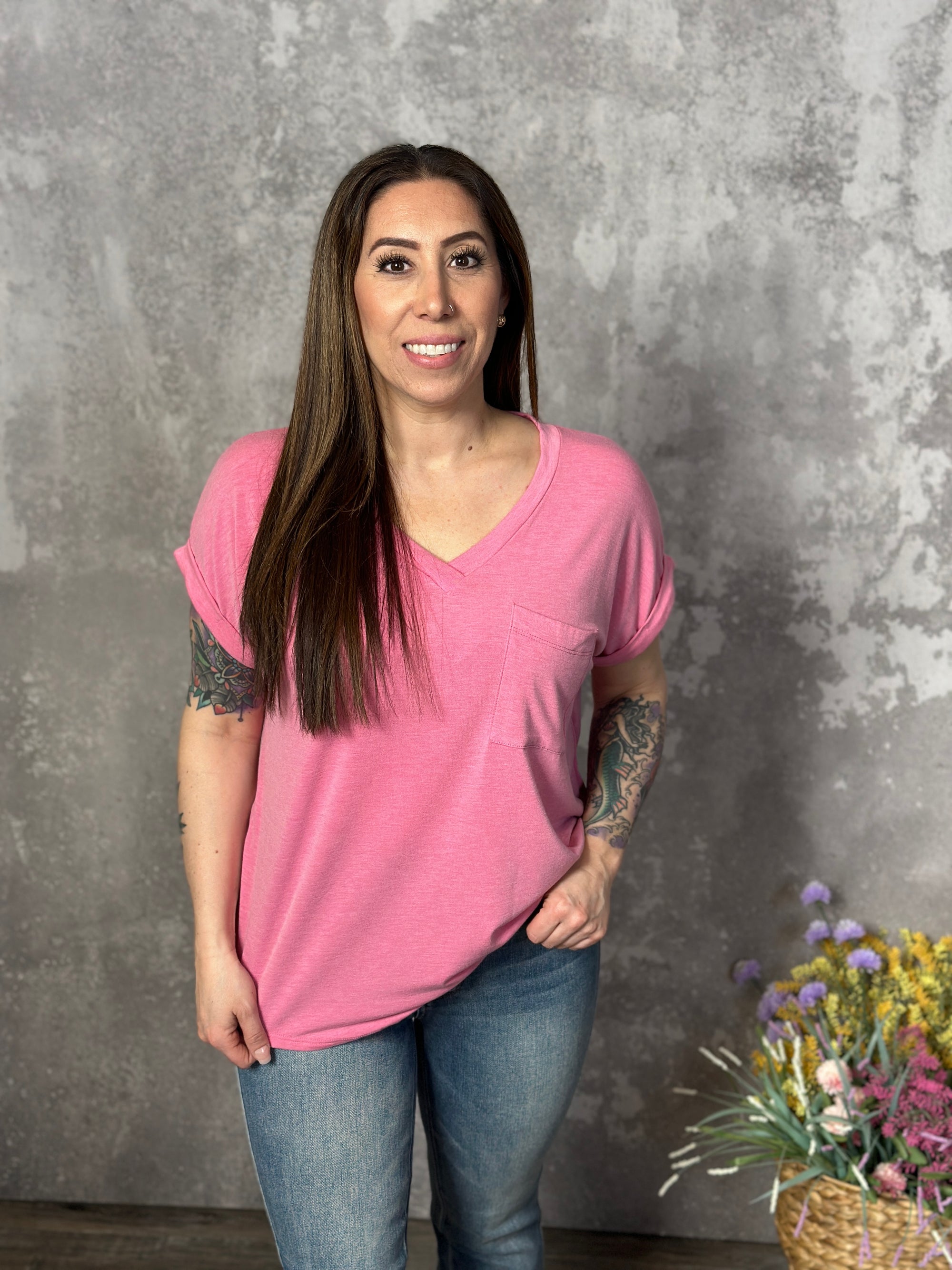 Soft Pocket Tee Vneck with Rolled Sleeves - Bubble Gum Tee (Small - 3X)