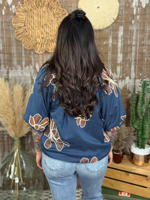 Blue/Rust Floral Top (Small - 2X)
