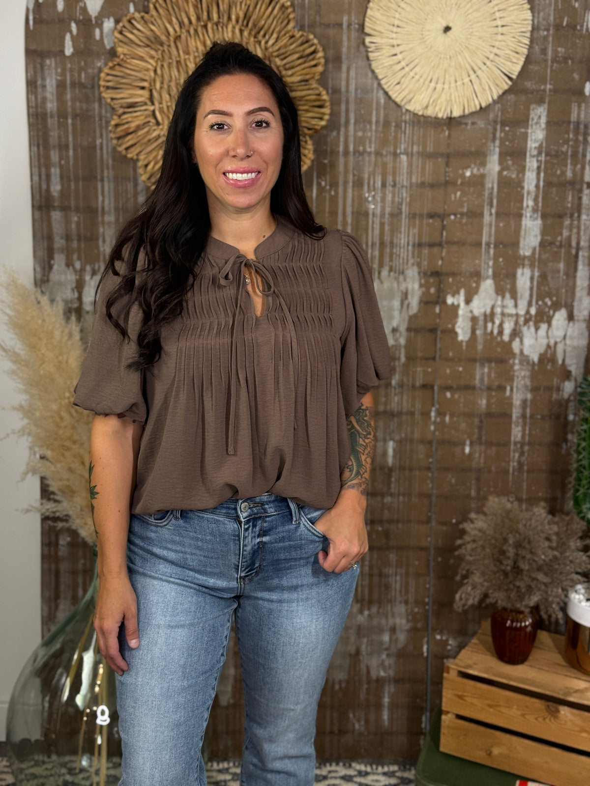 Mocha Pleated Blouse (Small - 2X)