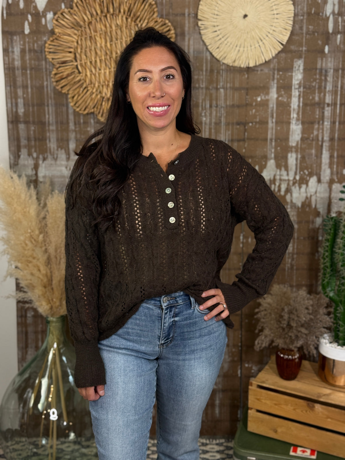 Brown Knit Half Button Sweater
