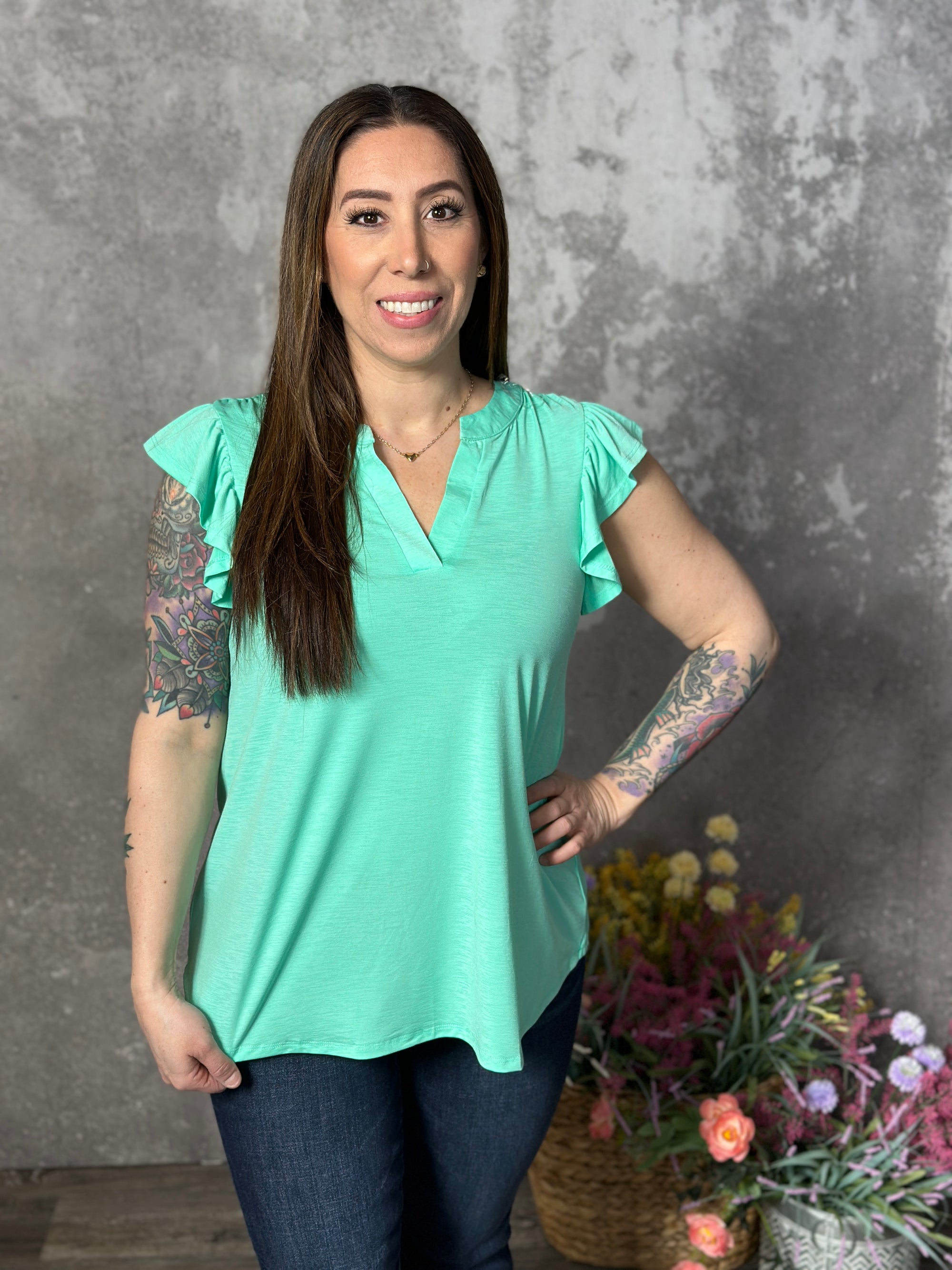 The Wrinkle Free Lizzie Ruffle Tank - Mint (Small - 3X)