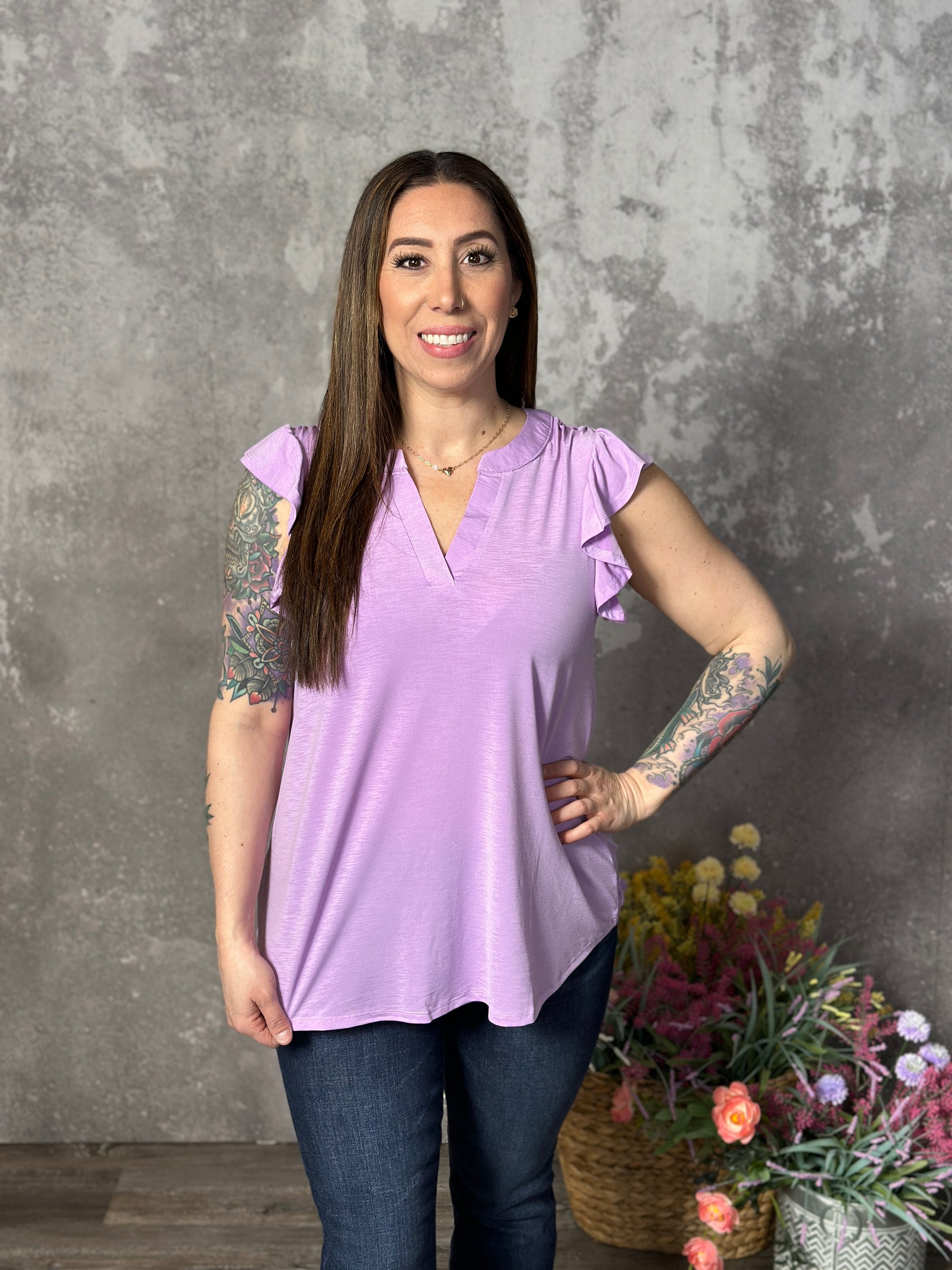 The Wrinkle Free Lizzie Ruffle Tank - Lilac (Small - 3X)