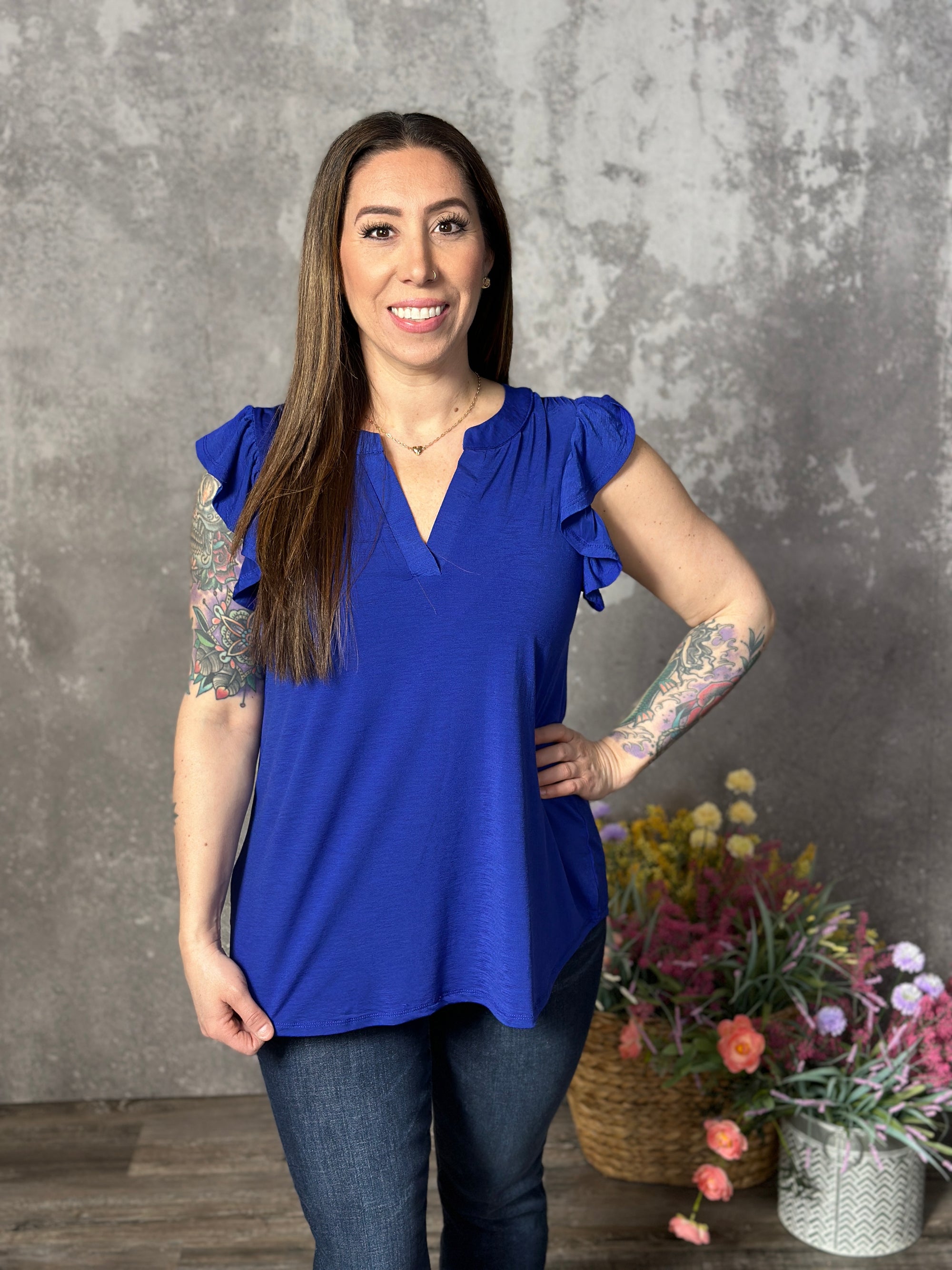 The Wrinkle Free Lizzie Ruffle Tank - Blue (Small - 3X)
