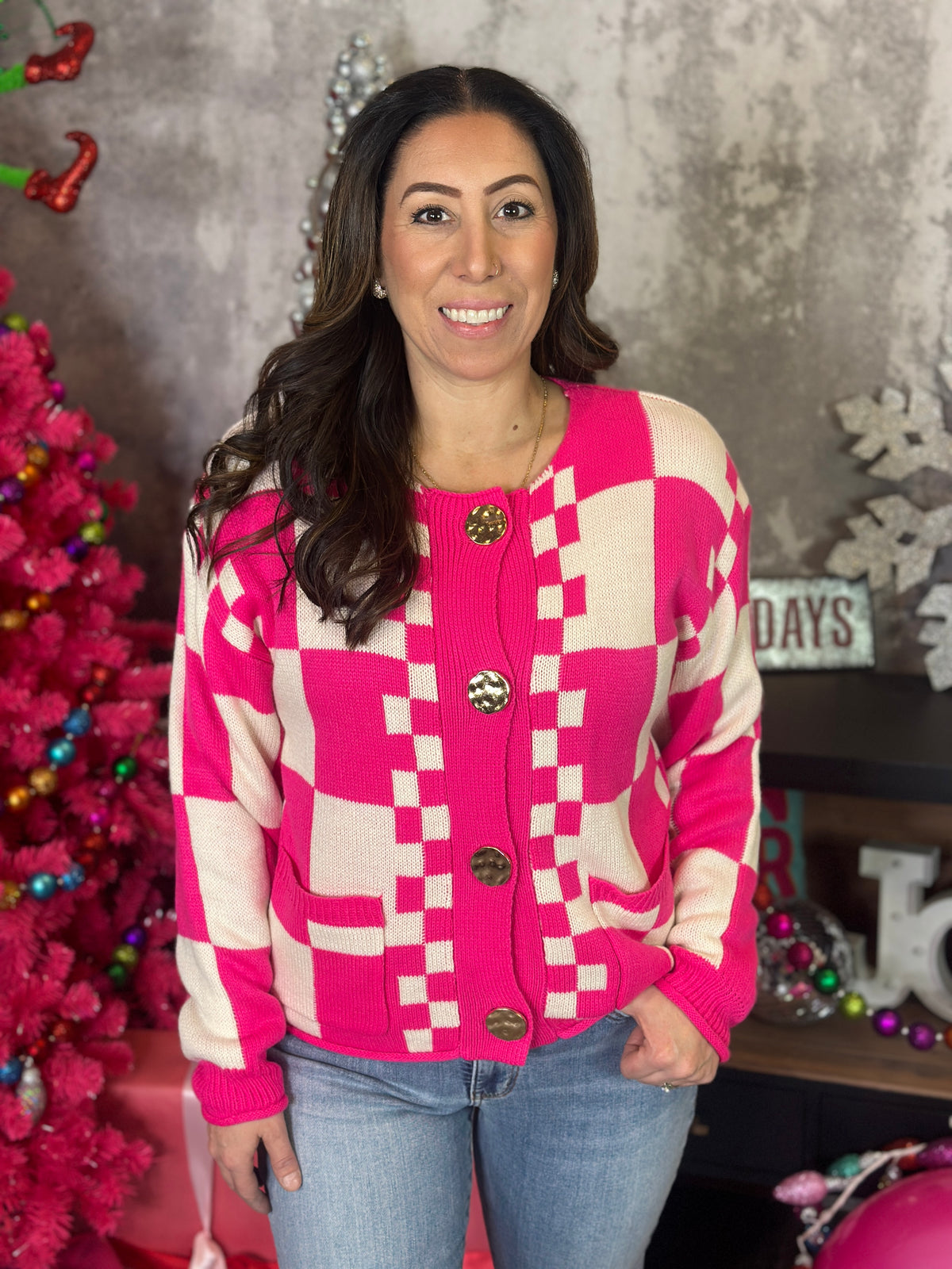 Gold Button Checker Sweater - Pink
