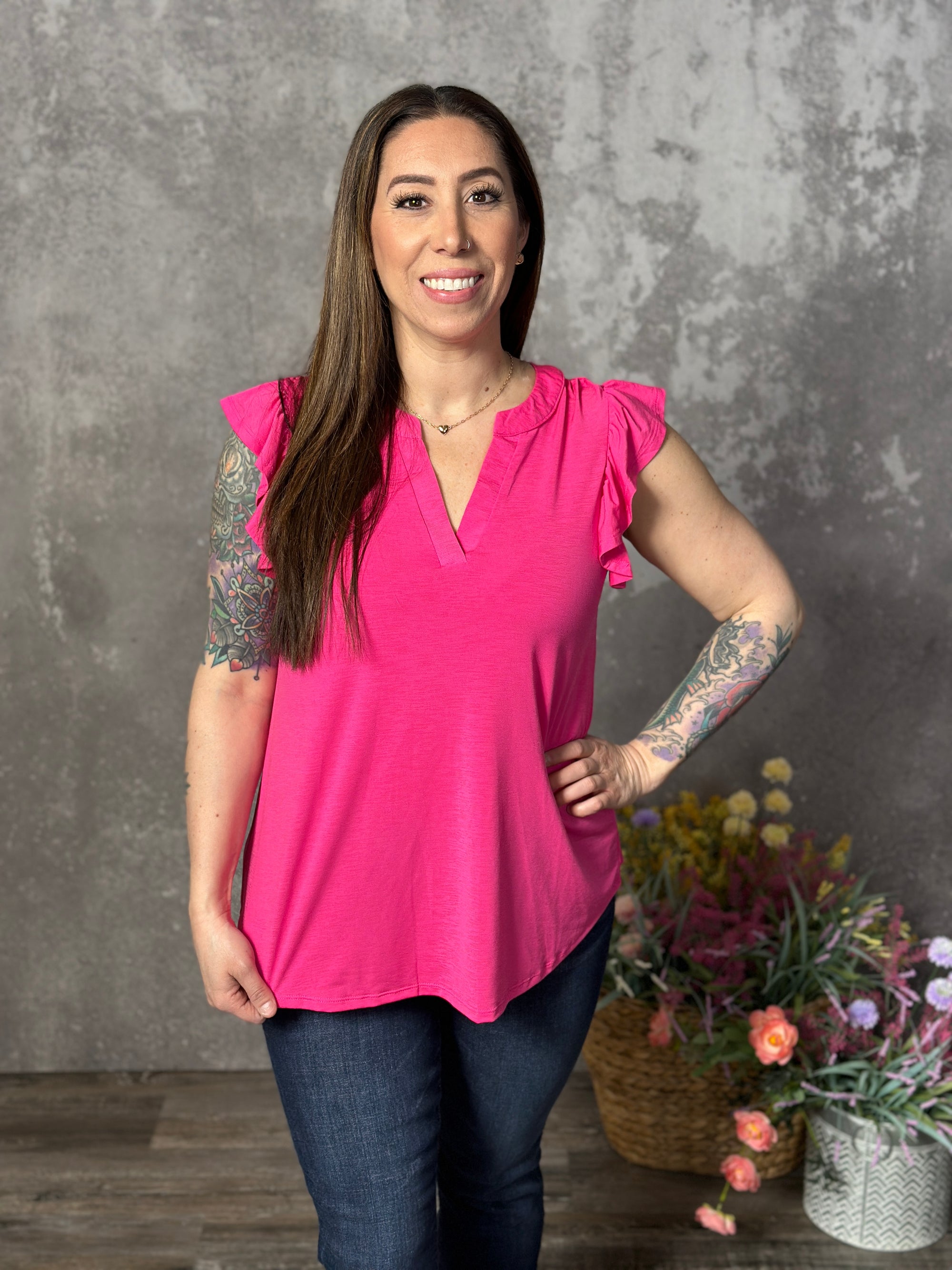 The Wrinkle Free Lizzie Ruffle Tank - Pink (Small - 3X)