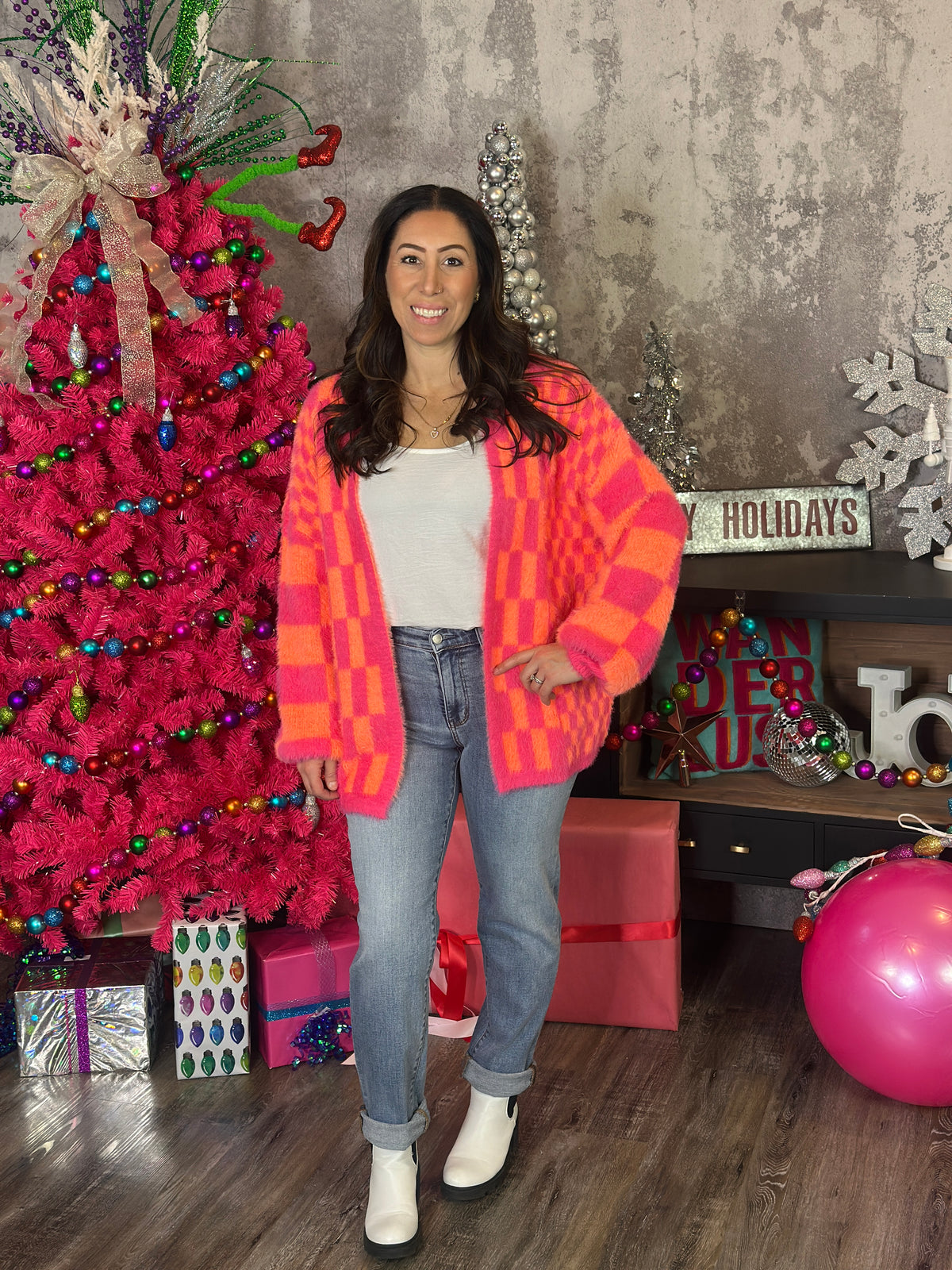 Checked Out Neon Pink Orange Cardigan (Small - 2X)