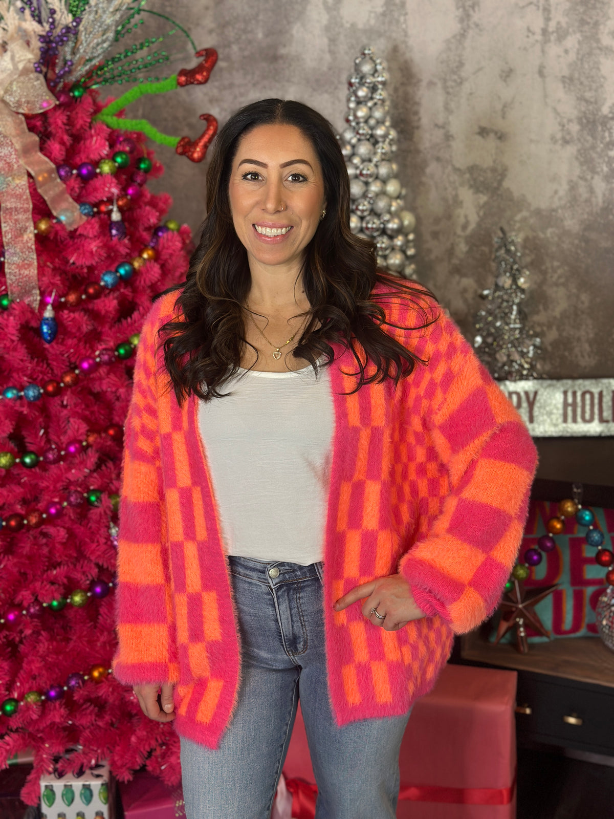 Checked Out Neon Pink Orange Cardigan (Small - 2X)