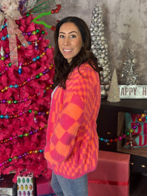 Checked Out Neon Pink Orange Cardigan (Small - 2X)