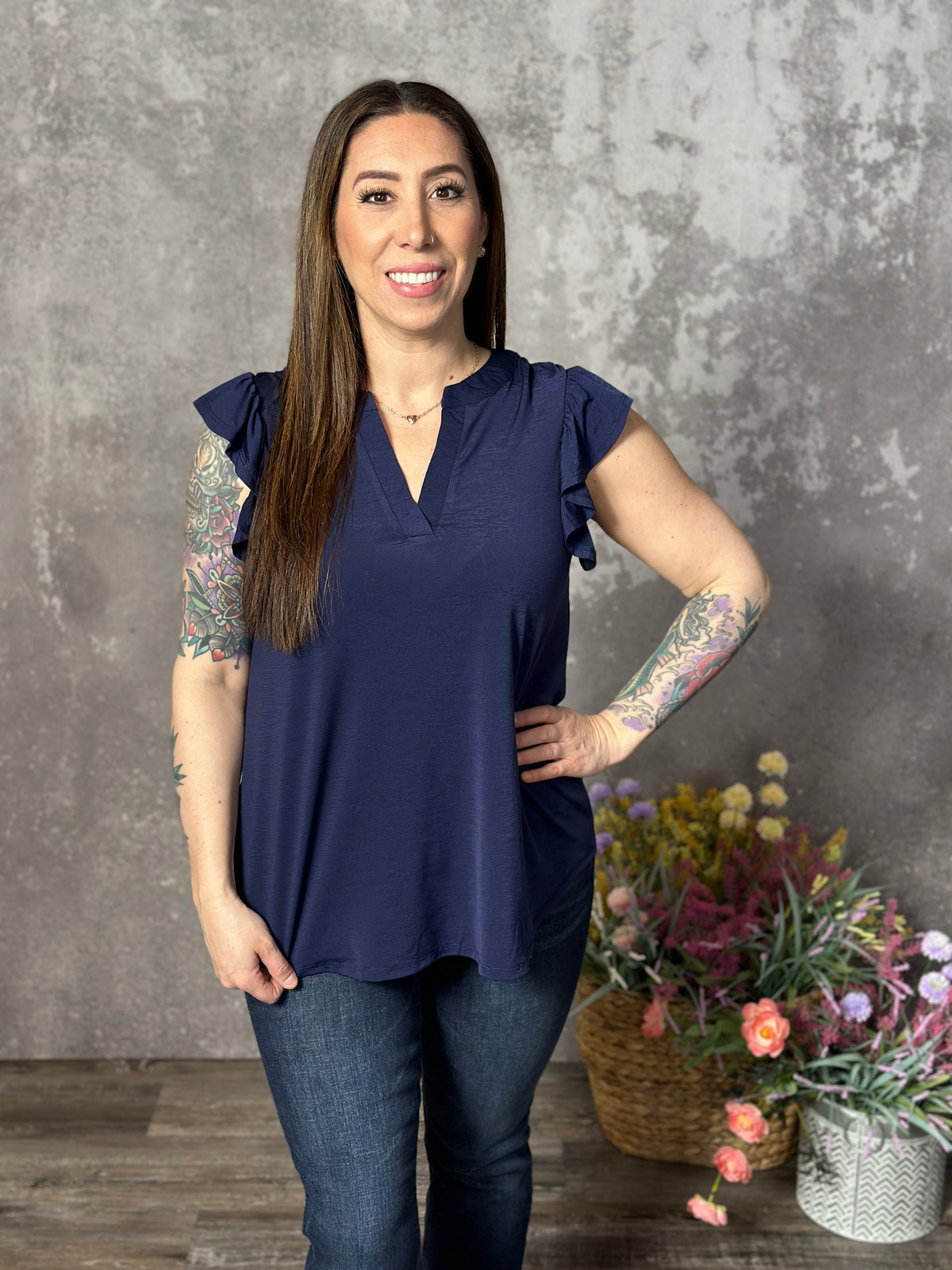 The Wrinkle Free Lizzie Ruffle Tank - Navy (Small - 3X)