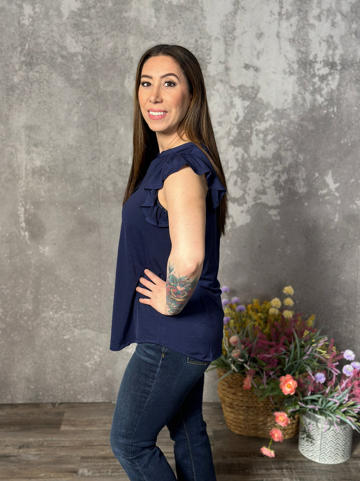 The Wrinkle Free Lizzie Ruffle Tank - Navy (Small - 3X)