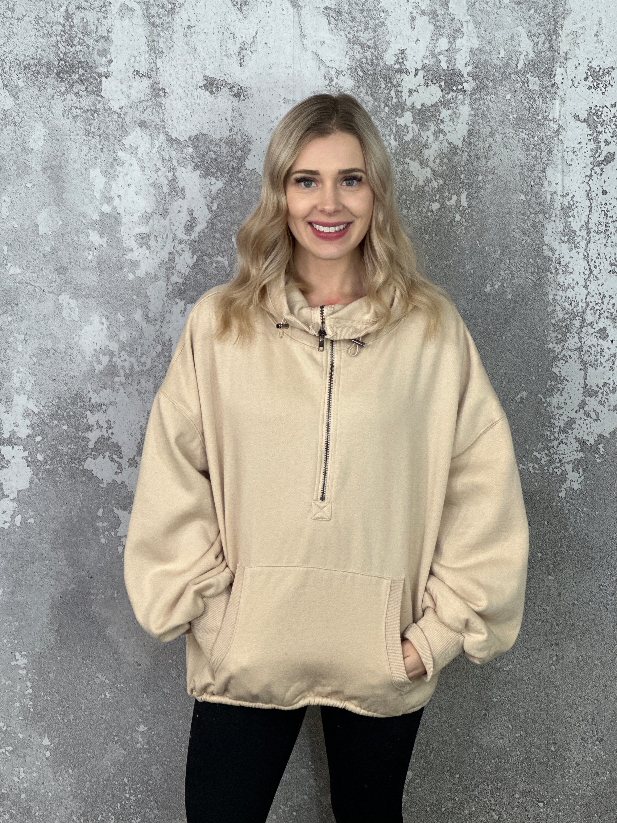 Fleece Lined Bomber Sweatshirt with Hood - Oatmeal