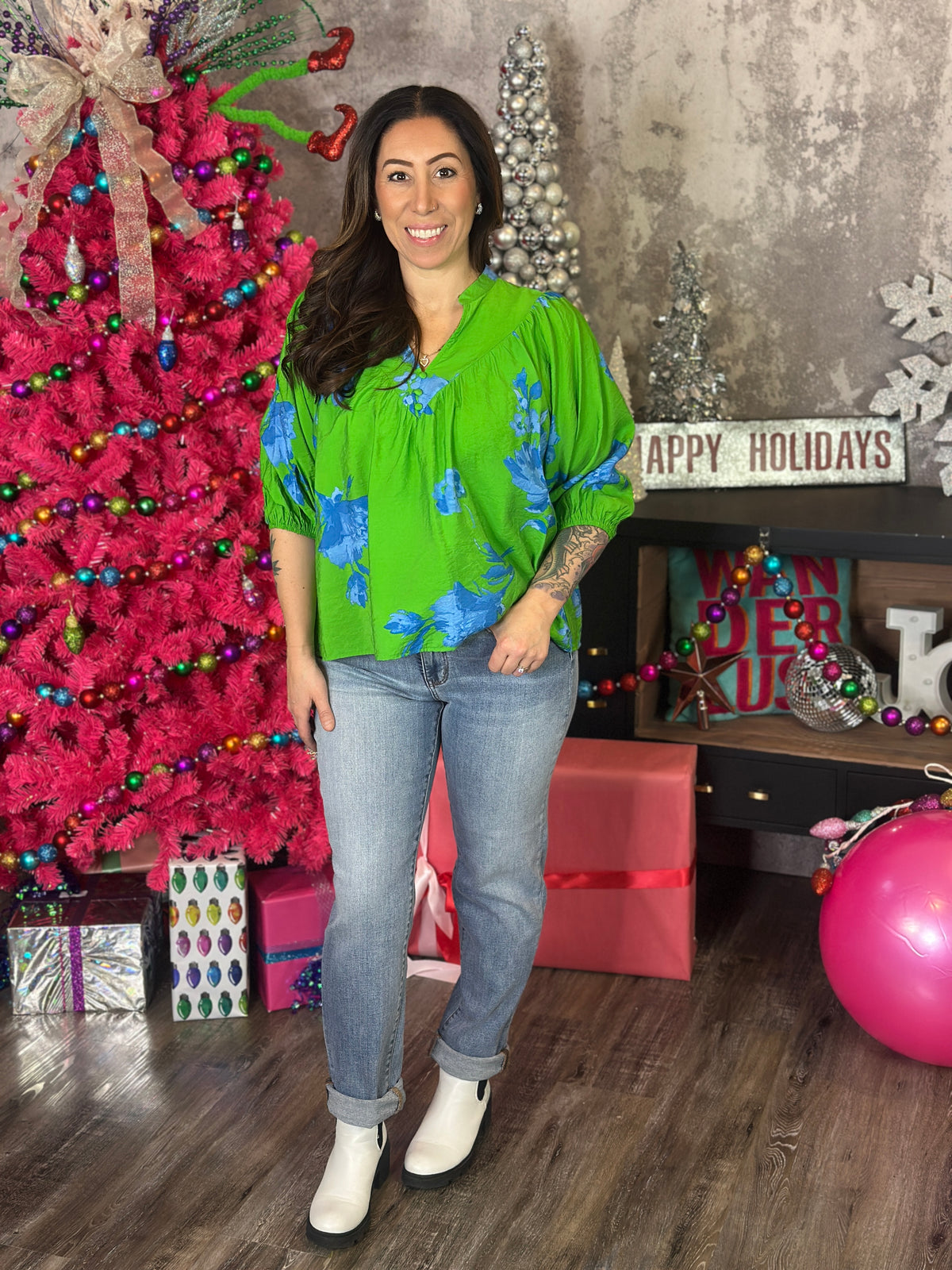 Green and Blue Floral Blouse  (Small - 3X)