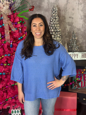 Short Sleeve Large Knit Sweater - Periwinkle Blue (Small - 3X)