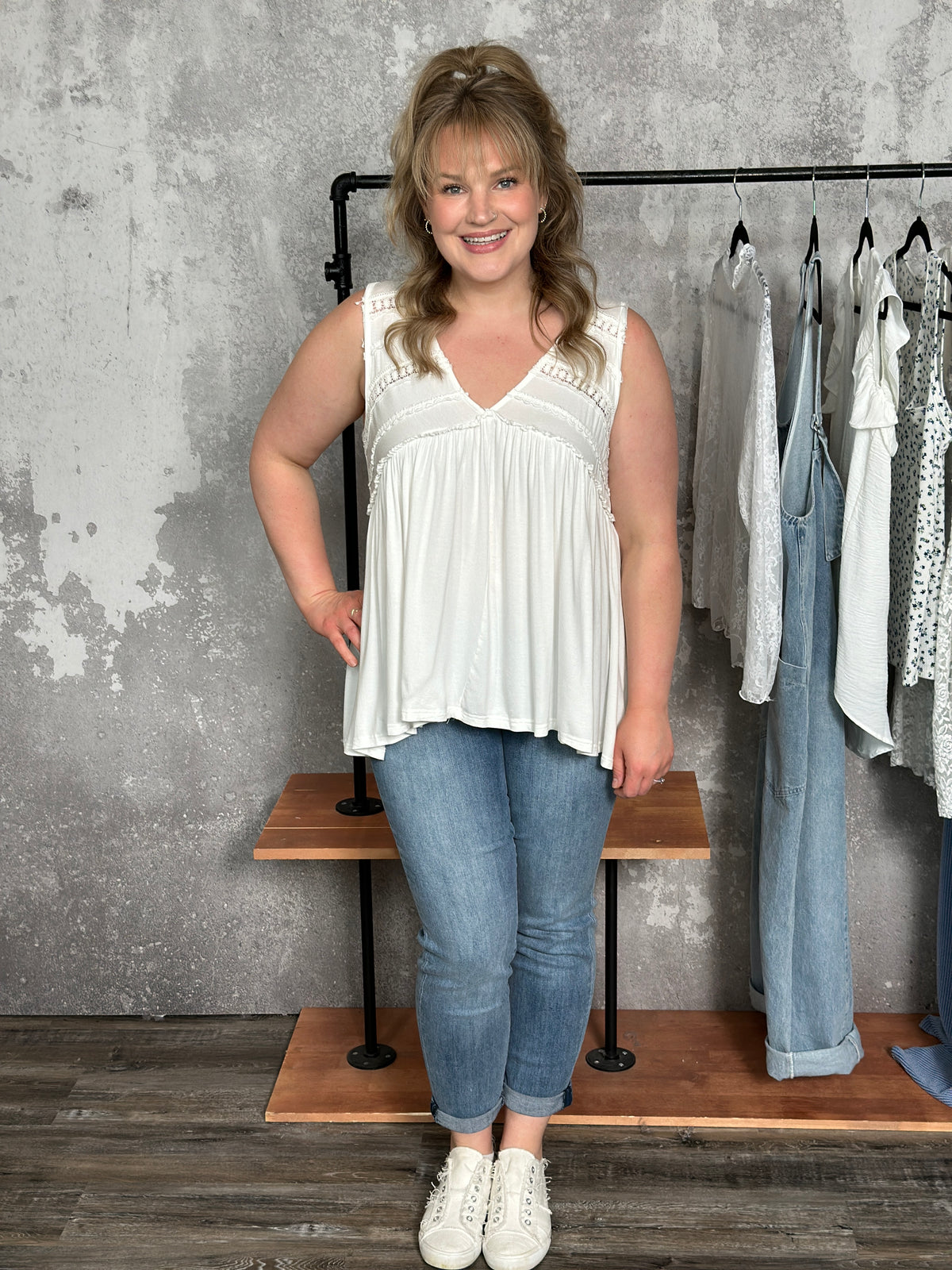 Vneck Tank with Dainty Crochet Detail - White